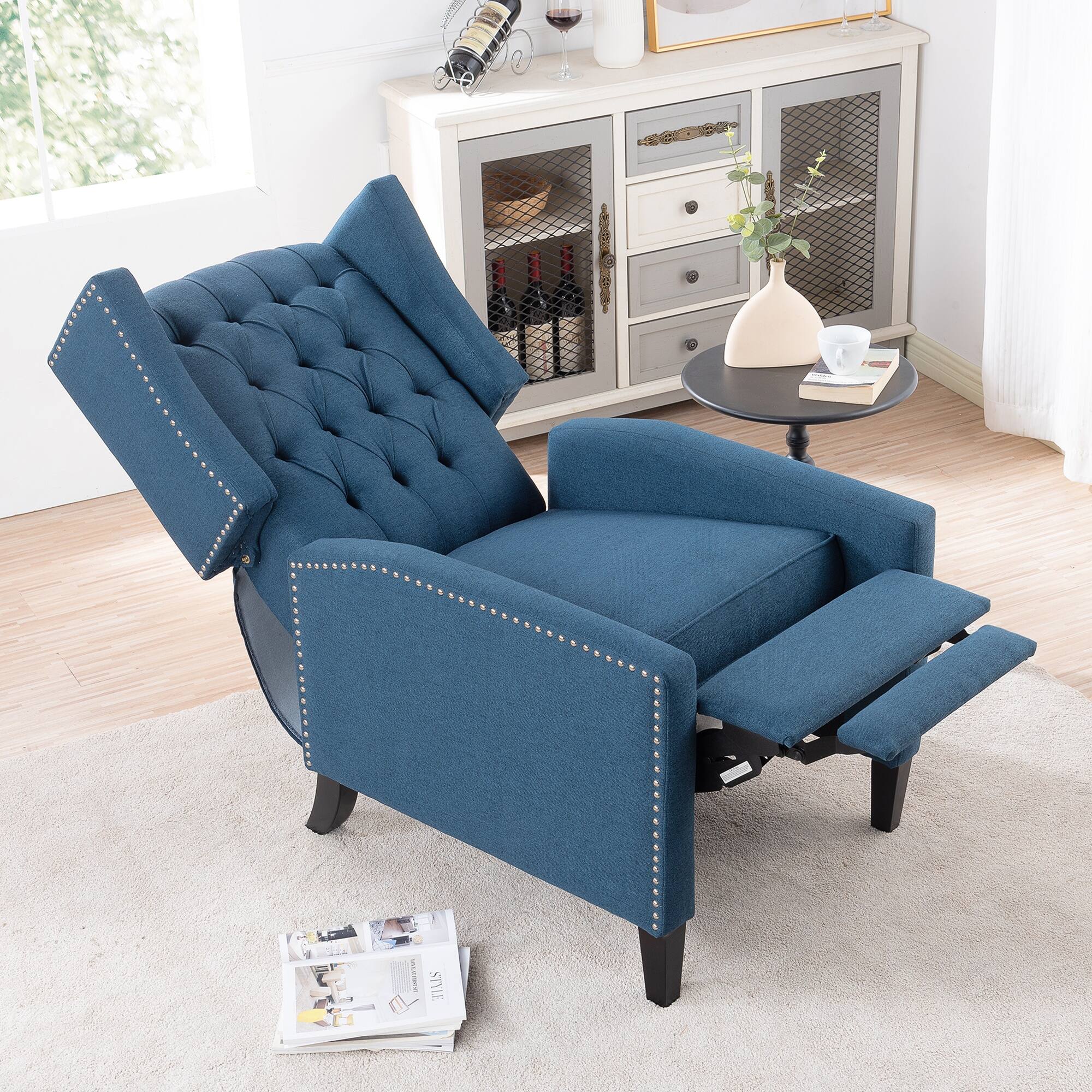 Angle. Boyel Living - Fabric Upholstered Tufted Manual Recliner Chair - Blue and Matte Black.