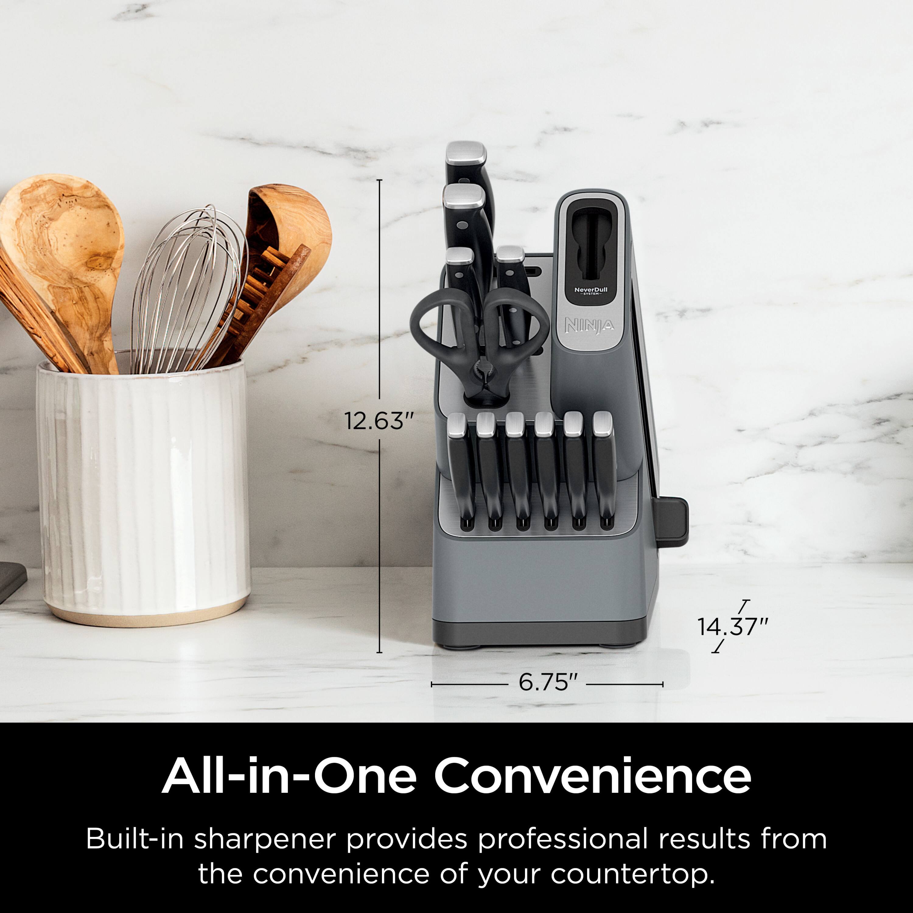 All-in-One Convenience  
Built-in sharpener provides professional results from the convenience of your countertop.  

12.63"  
14.37"  
6.75"