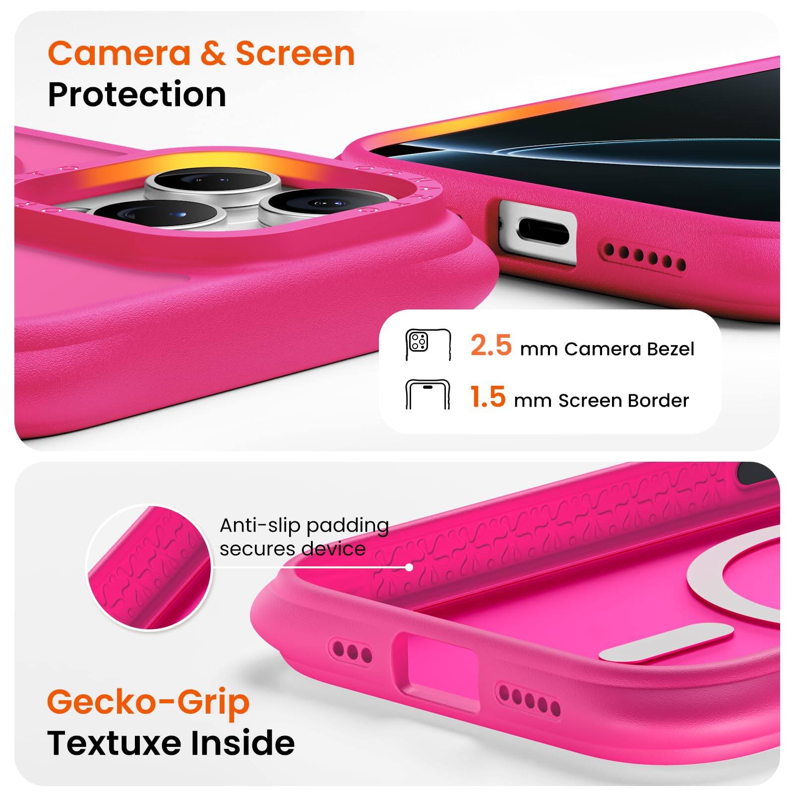 Camera & Screen Protection  
2.5 mm Camera Bezel  
1.5 mm Screen Border  
Anti-slip padding secures device  
Gecko-Grip Textuxe Inside