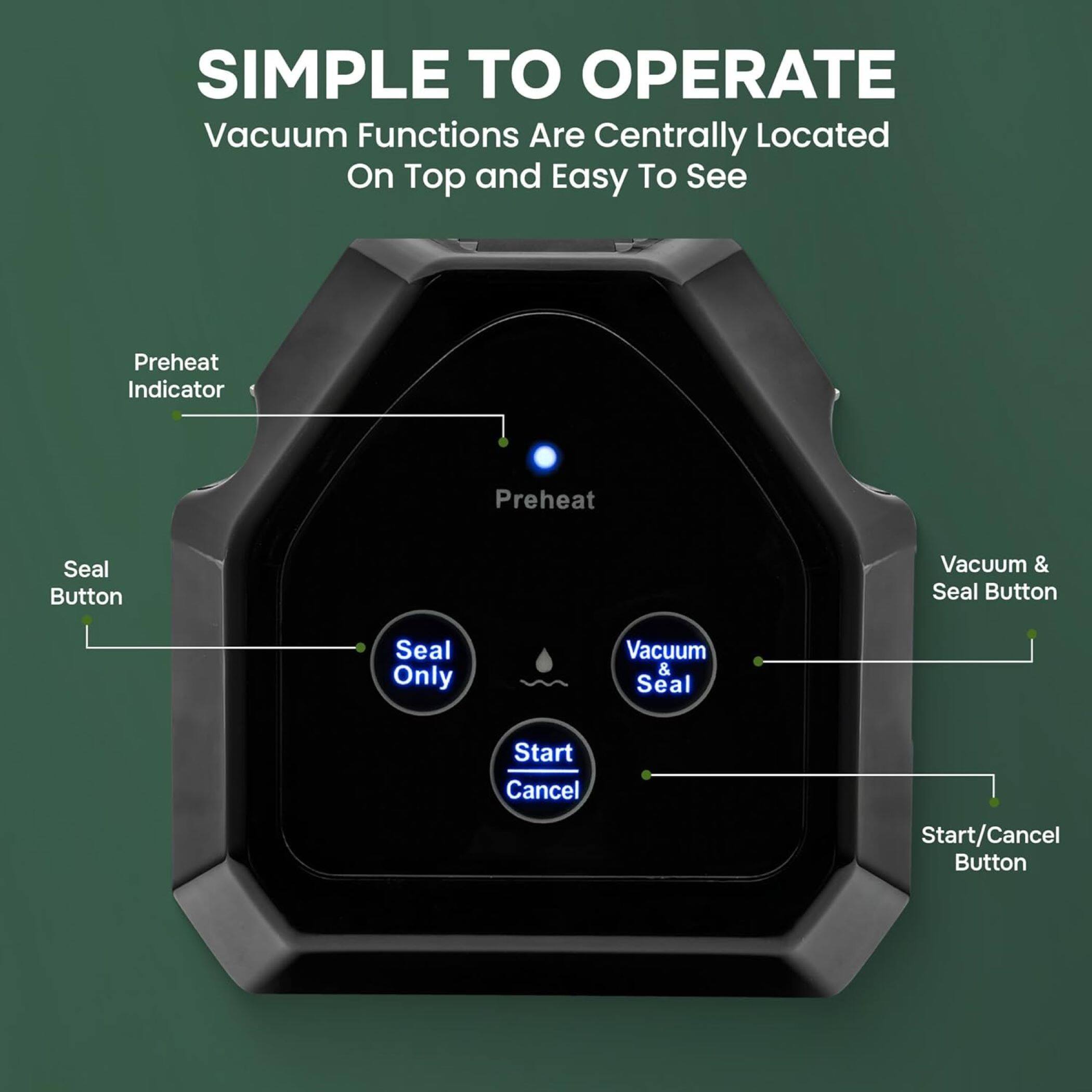 SIMPLE TO OPERATE
Vacuum Functions Are Centrally Located On Top and Easy To See
Preheat Indicator
Preheat
Seal Button
Seal Only
Vacuum & Seal Button
Start/Cancel Button
Start Cancel