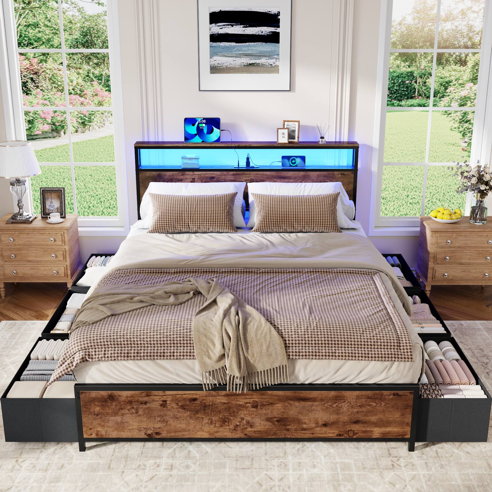 Angle. Furnulem - Platform Bed with 6 Drawers and Open Storage Headboard Adjustable LED Light and Charging Station - Brown.