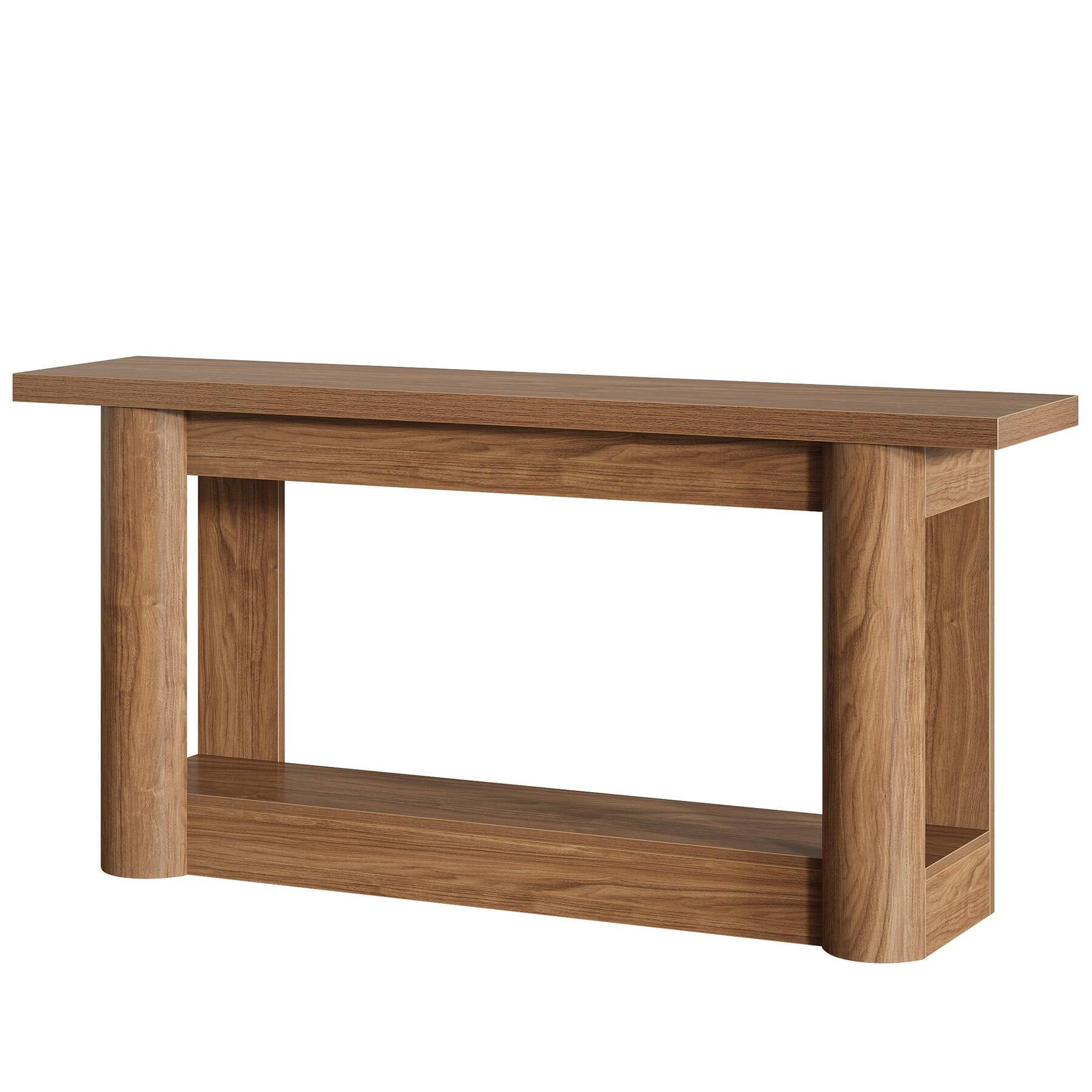 Angle. Kadyn - Solid Wood Console Table - 2-Shelf Open Storage, Minimalist Design, Living Room/Entryway, Space-Saving, Brown - Brown.