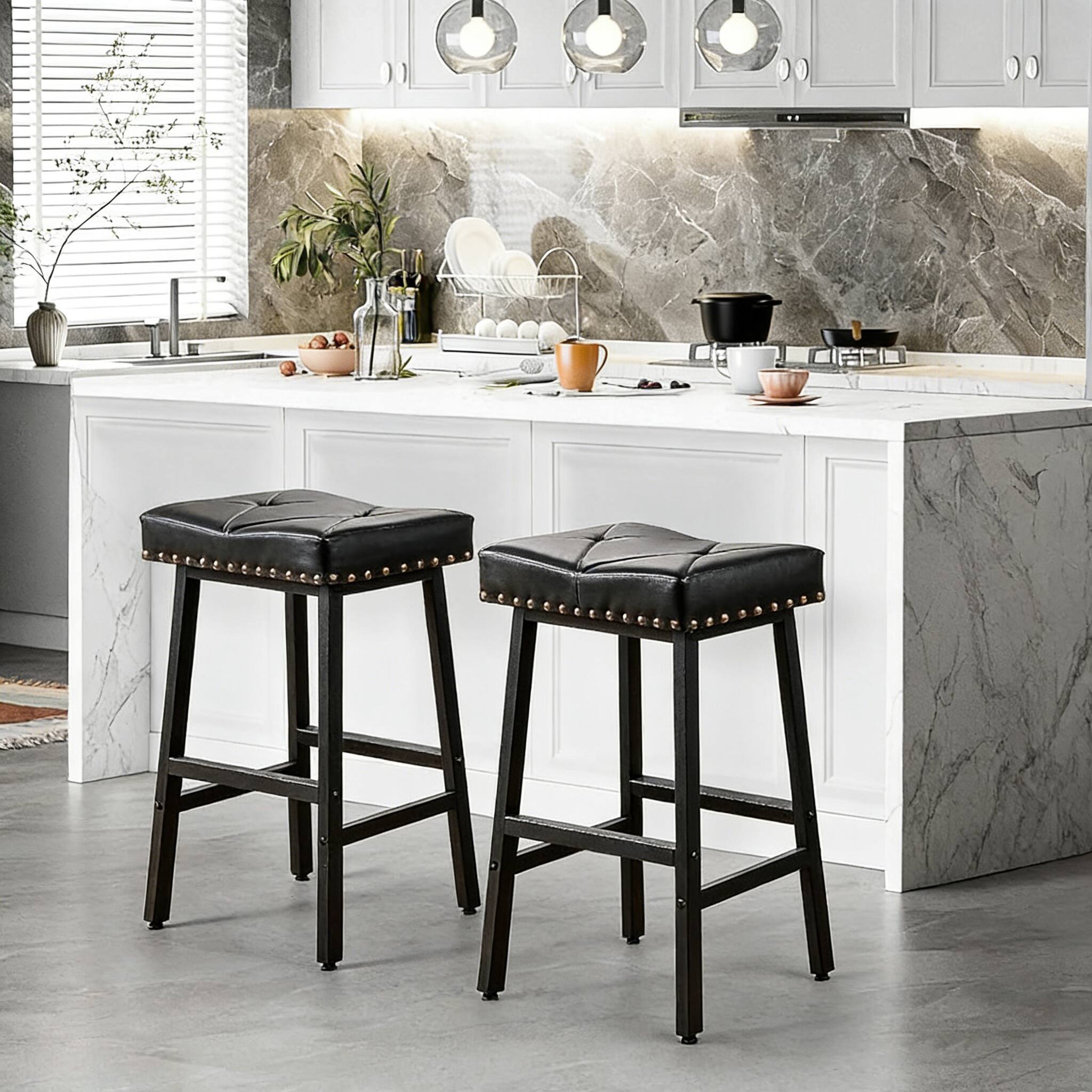 Alt View 5. Vecelo - Set of 4 Counter Height Bar Stools, Saddle Seat Backless Bar Stools, PU Leather Kitchen Island Stools with Footrest - Black.