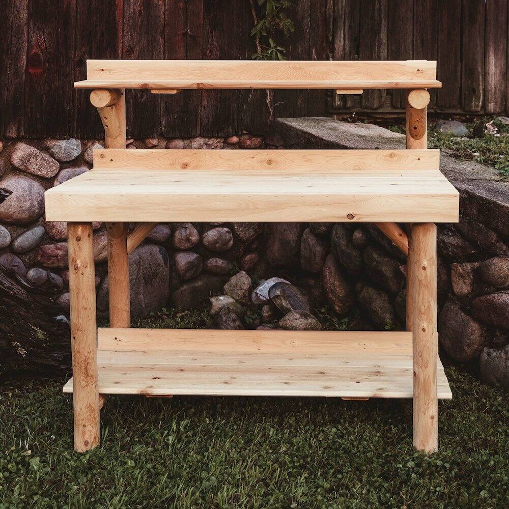 Alt View 1. Contoured Comfort - Cedar Log 4 Foot Potting Table.