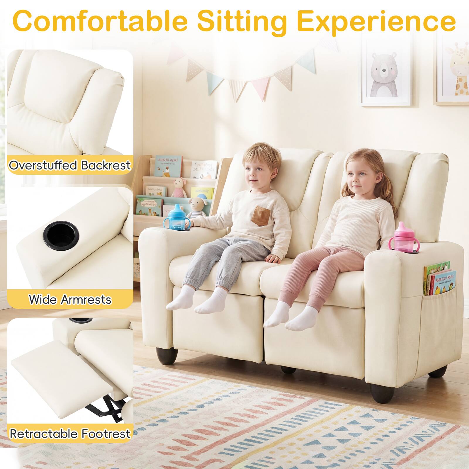 Comfortable Sitting Experience

- Overstuffed Backrest
- Wide Armrests
- Retractable Footrest