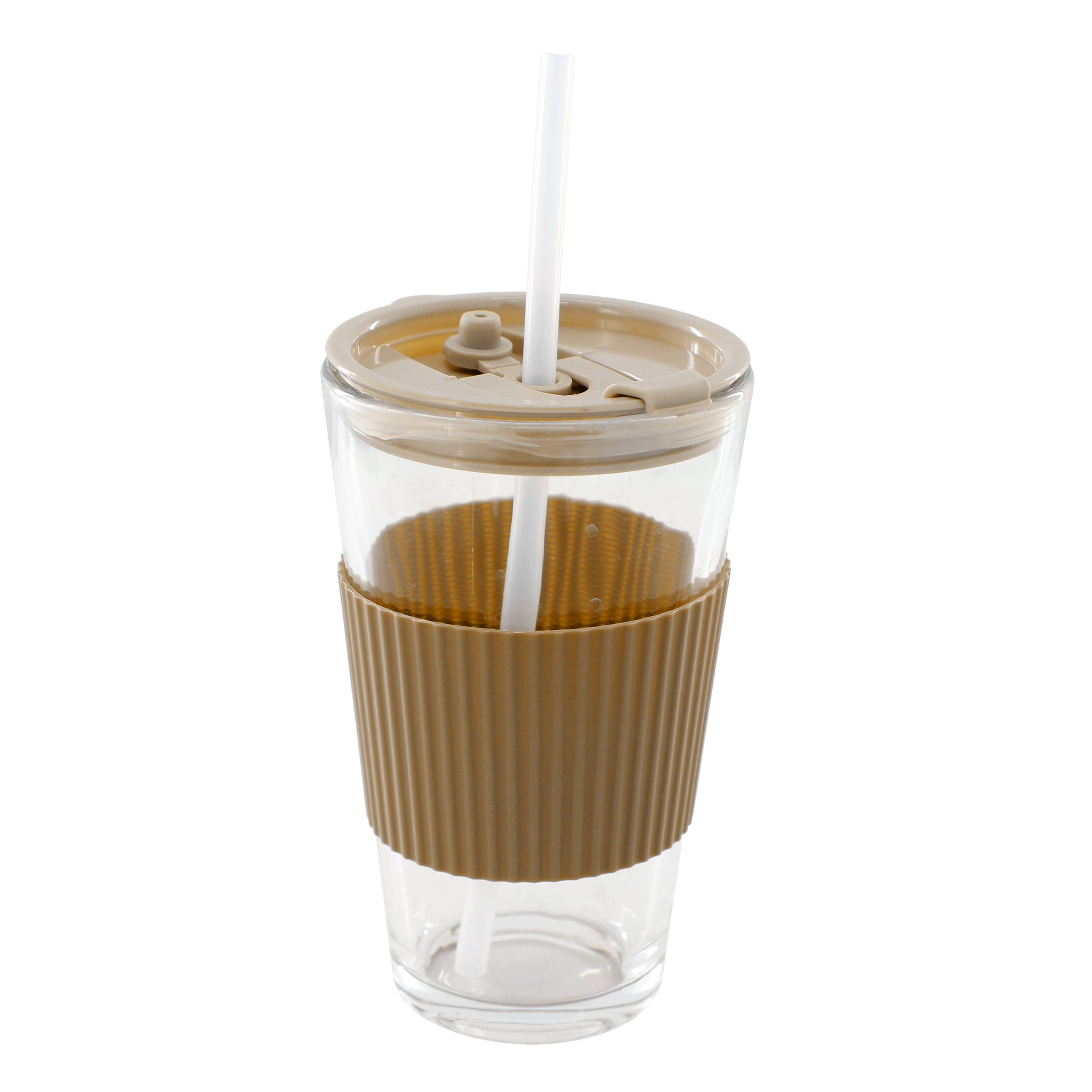 Alt View 1. Mr. Coffee - Mr. Coffee Sip Savvy 4 Piece 15 Ounce Silicone Sleeve Glass Cup Set w/ Lid and Straw in Brown - Brown.