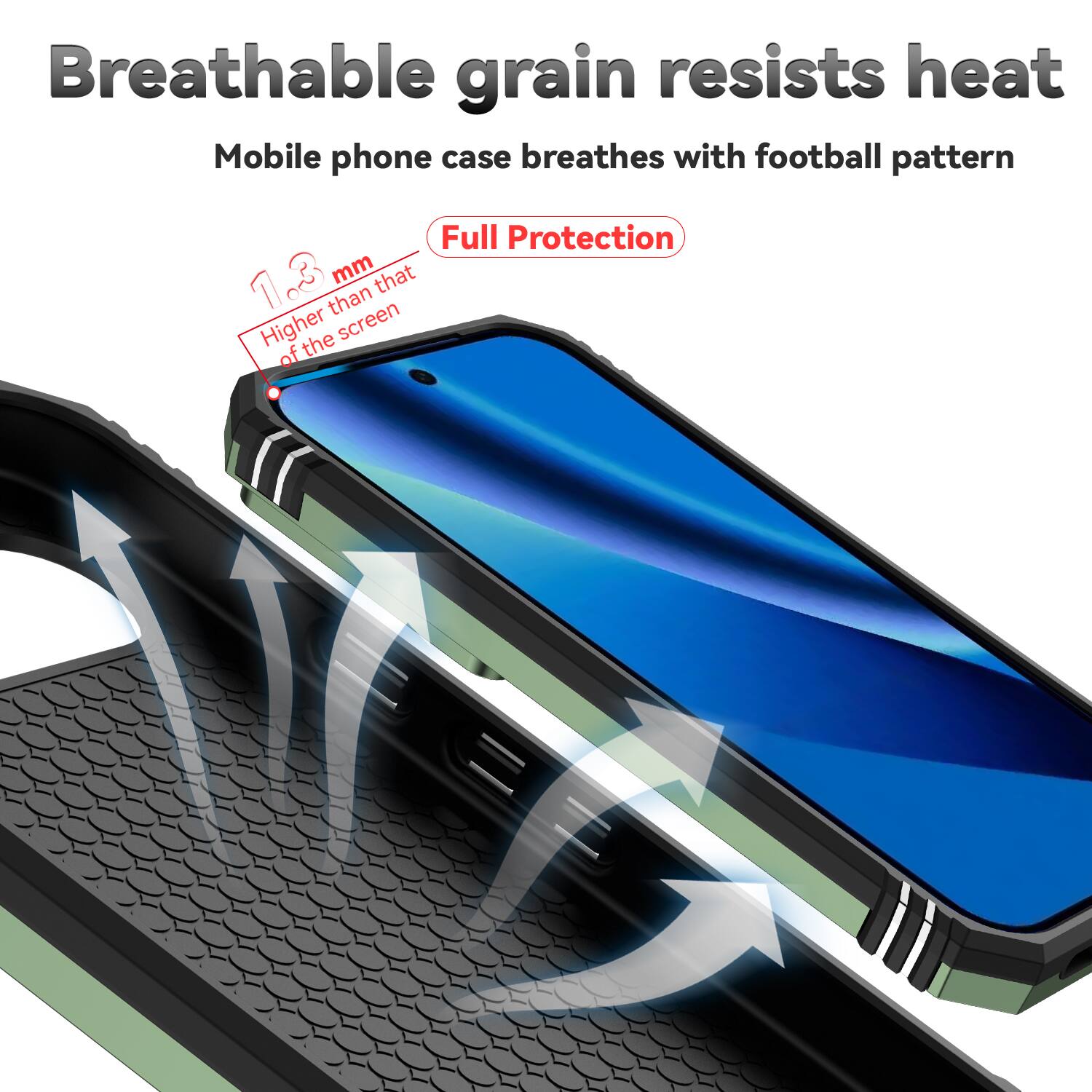 Breathable grain resists heat  
Mobile phone case breathes with football pattern  

Full Protection  

1.3 mm  
Higher than that of the screen