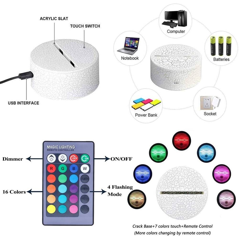 ACRYLIC SLAT  
TOUCH SWITCH  
USB INTERFACE  

Computer  
Notebook  
Batteries  
Power Bank  
Socket  

MAGIC LIGHTING REMOTE CONTROLLER  
Dimmer  
ON/OFF  
R G B W  
FLASH  
16 Colors  
4 Flashing Mode  

Crack Base+7 colors touch+Remote Control (More colors changing by remote control)
