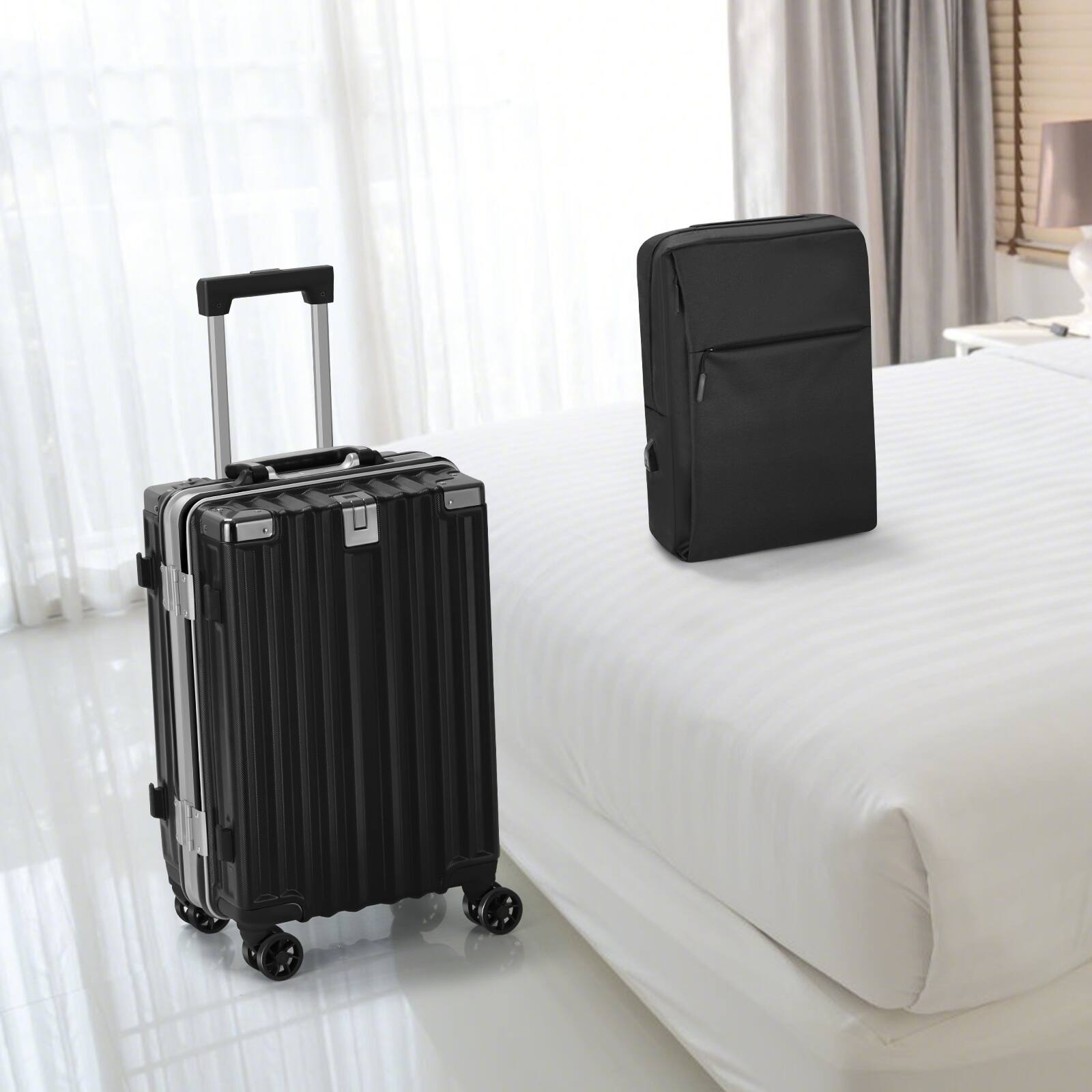 Alt View 3. Oumilen - 2 Piece Black Travel Combo – 20" Aluminum Carry On with TSA Lock + USB Backpack, Silent Wheels - Black.