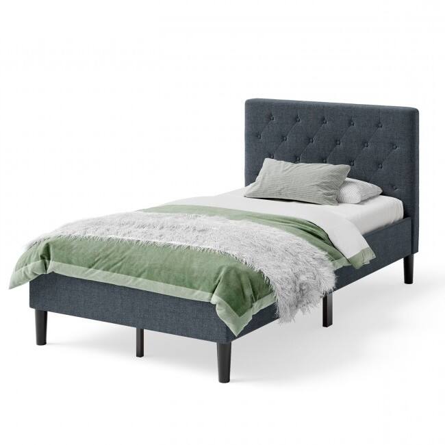 Angle. Hivvago - Hivvago Twin Size Upholstered Button Tufted Headboard Platform Bed - Grey.