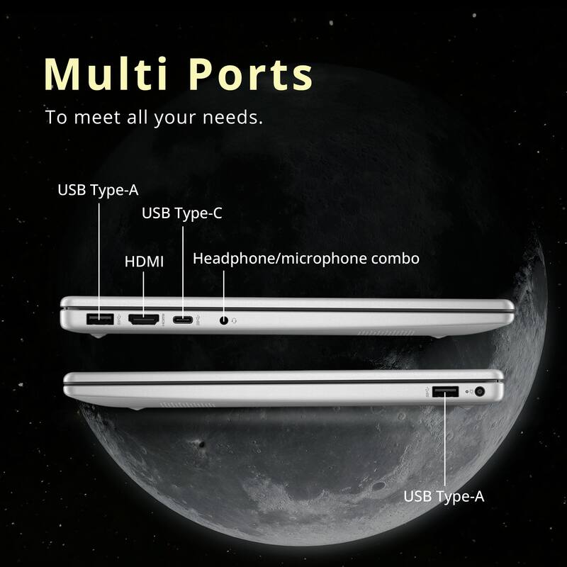 Multi Ports  
To meet all your needs.  

- USB Type-A  
- USB Type-C  
- HDMI  
- Headphone/microphone combo  
- USB Type-A