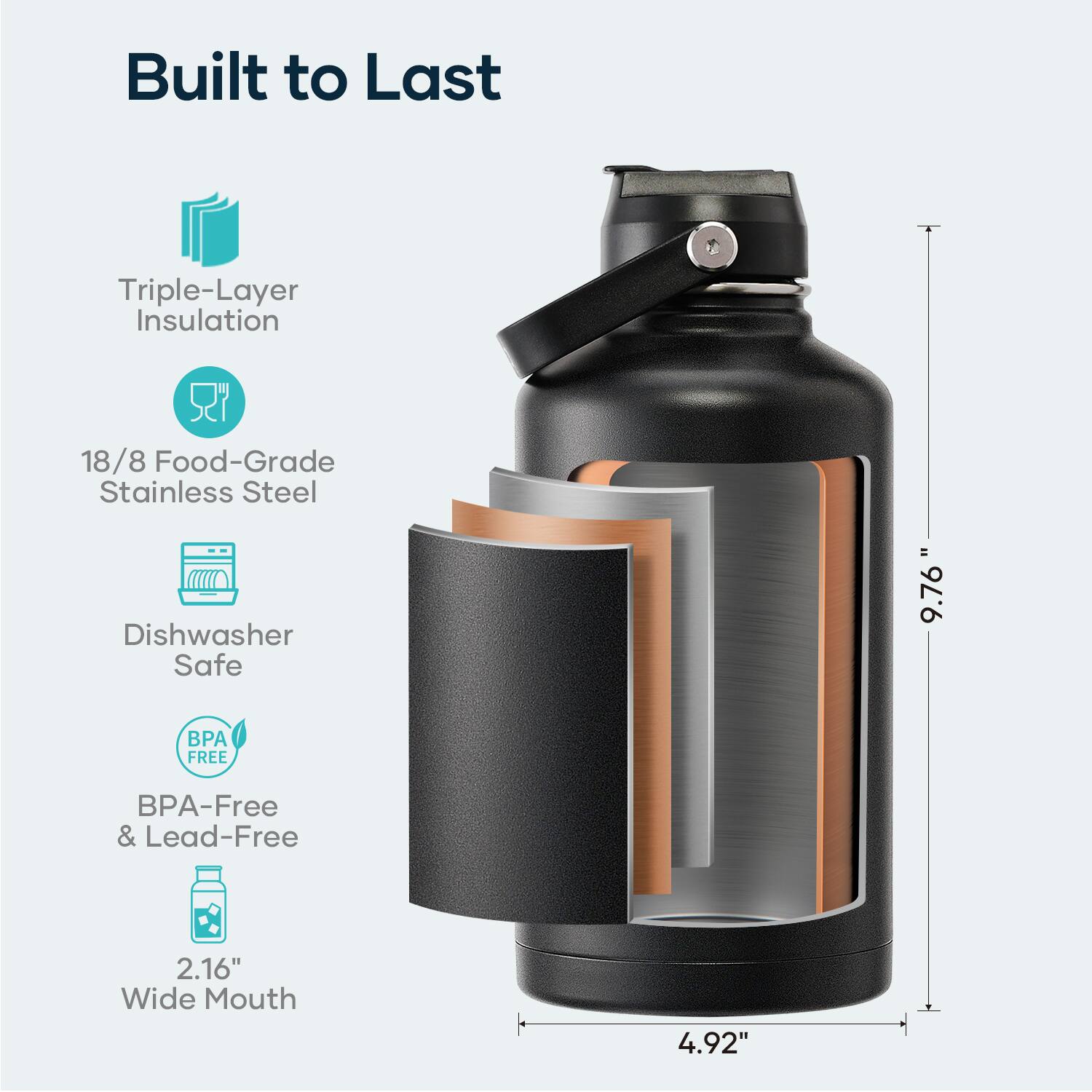 Built to Last

- Triple-Layer Insulation
- 18/8 Food-Grade Stainless Steel
- Dishwasher Safe
- BPA-Free & Lead-Free
- 2.16" Wide Mouth
- 4.92" Height
- 9.76" Diameter