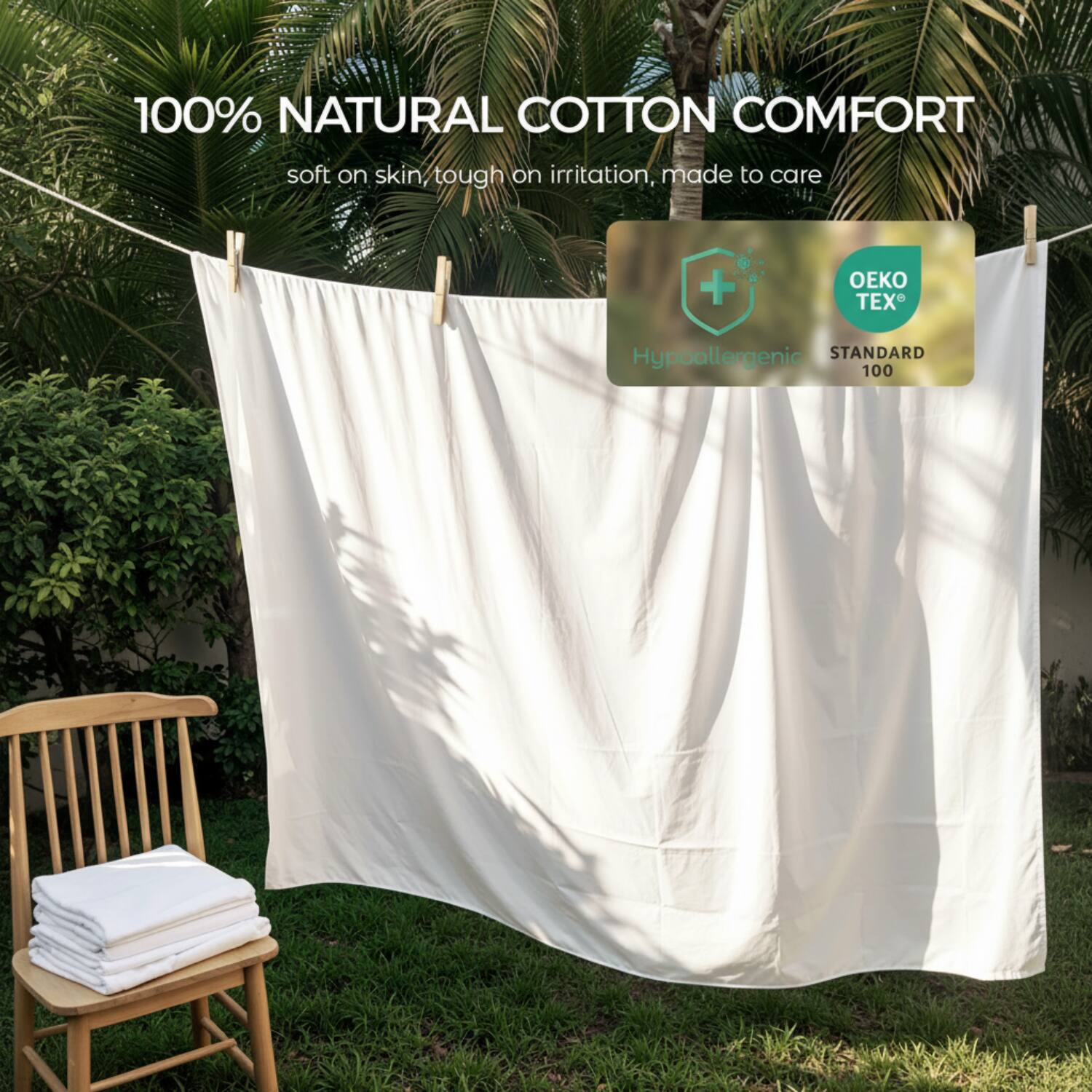 100% NATURAL COTTON COMFORT  
soft on skin, tough on irritation, made to care  

OEKO TEX  
Hypoallergenic  
STANDARD 100