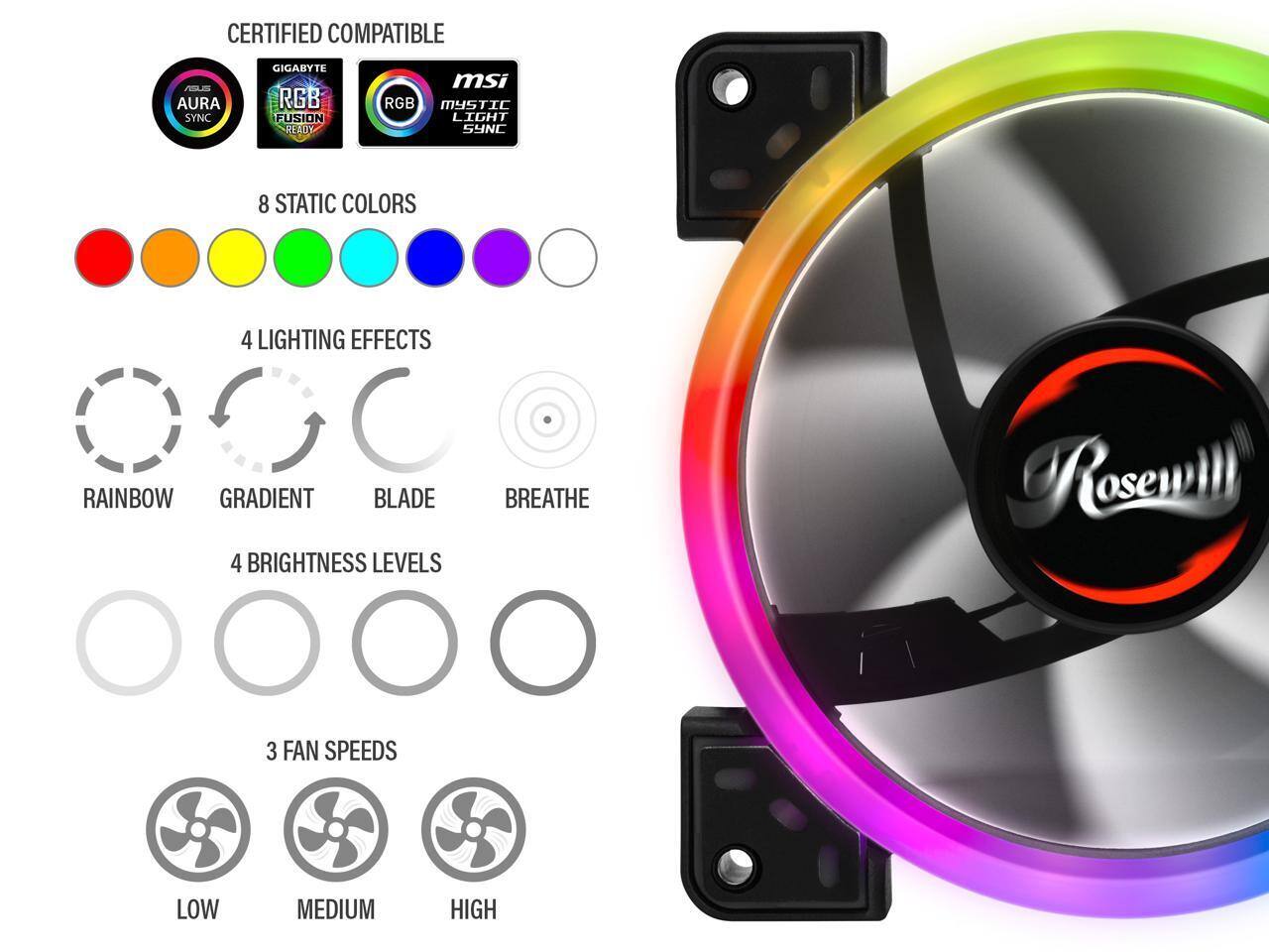 CERTIFIED COMPATIBLE  
- ASUS AURA SYNC  
- GIGABYTE RGB FUSION READY  
- MSI MYSTIC LIGHT SYNC  

8 STATIC COLORS  

4 LIGHTING EFFECTS  
- RAINBOW  
- GRADIENT  
- BLADE  
- BREATHE  

4 BRIGHTNESS LEVELS  

3 FAN SPEEDS  
- LOW  
- MEDIUM  
- HIGH