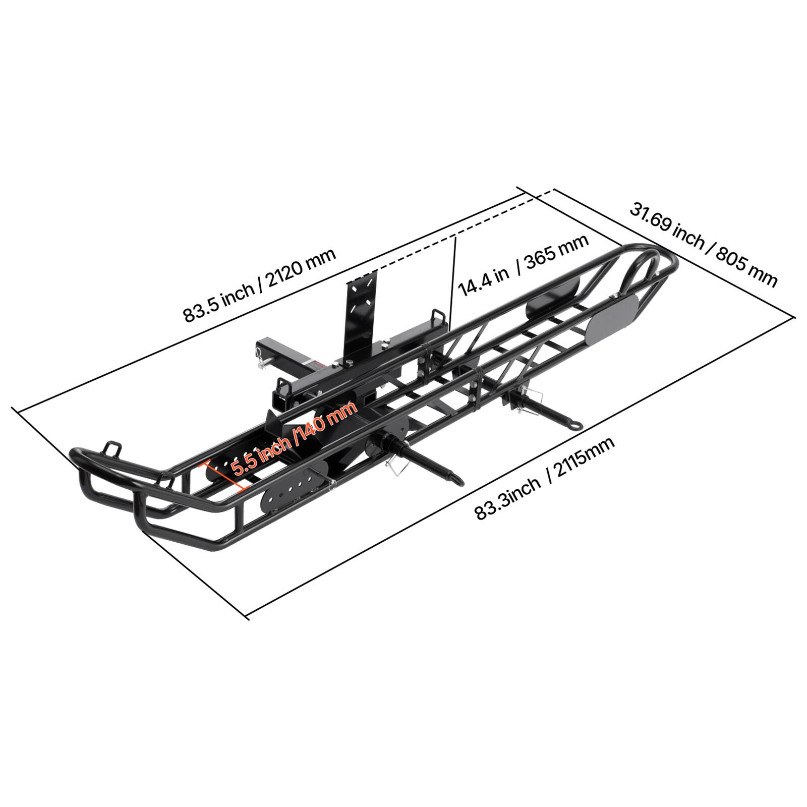 - 83.5 inch / 2120 mm
- 31.69 inch / 805 mm
- 14.4 in / 365 mm
- 5.5 inch / 140 mm
- 83.3 inch / 2115 mm
