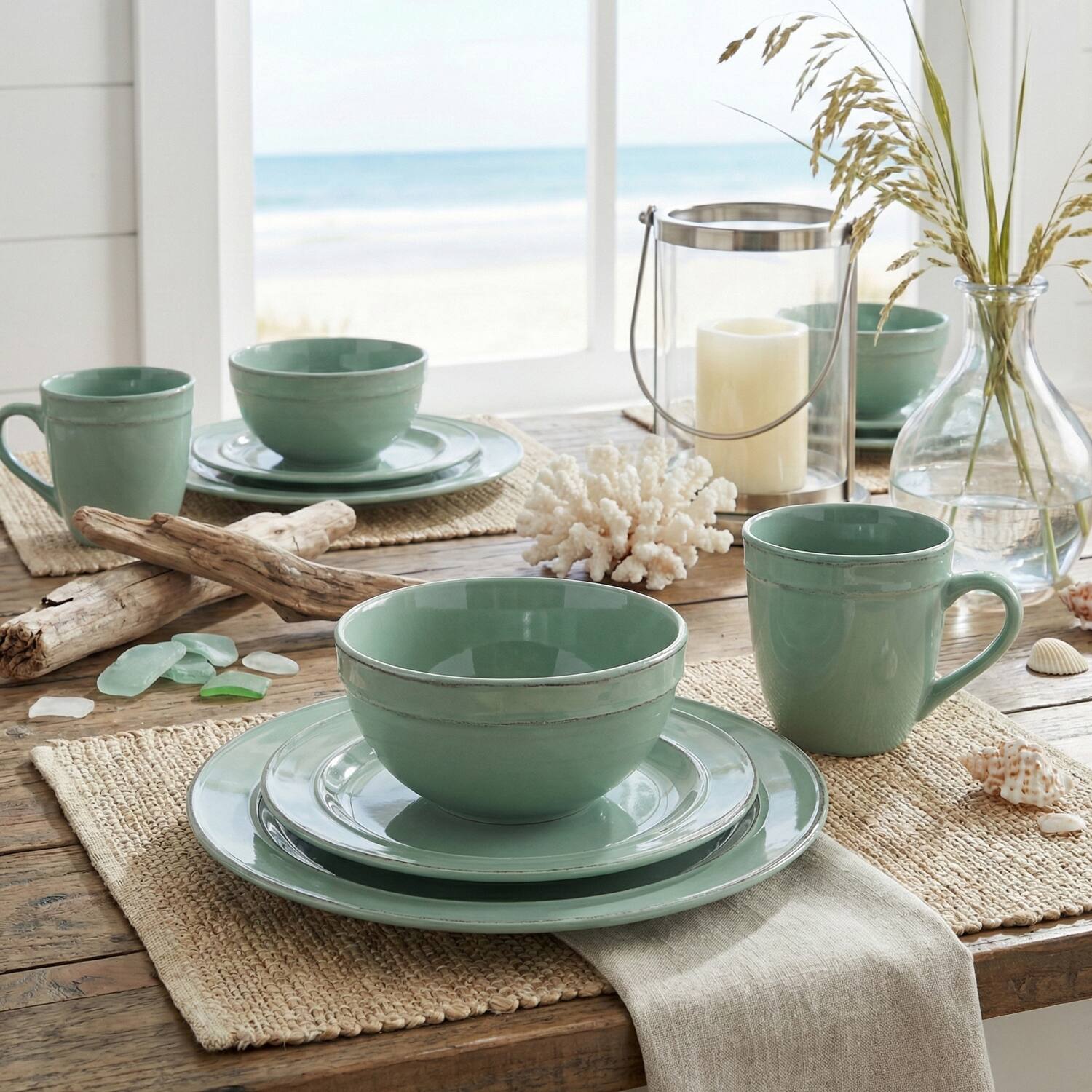 Angle. American Atelier - Olivia Seafoam 16-Piece Dinner Set - Green.