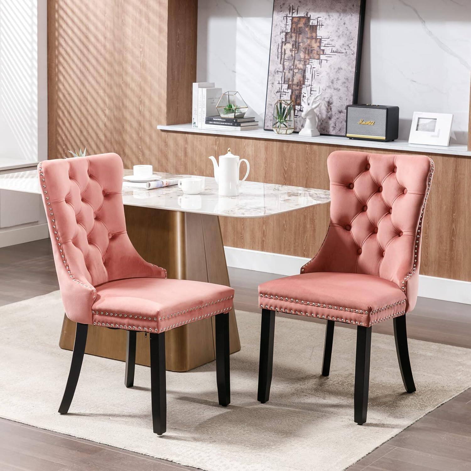 Trinkets Crazed - Velvet Dining Chairs Set of 2, Upholstered High-end Tufted Dining Room Chair with Wood Legs Nailhead Trim for Kitchen - Pink