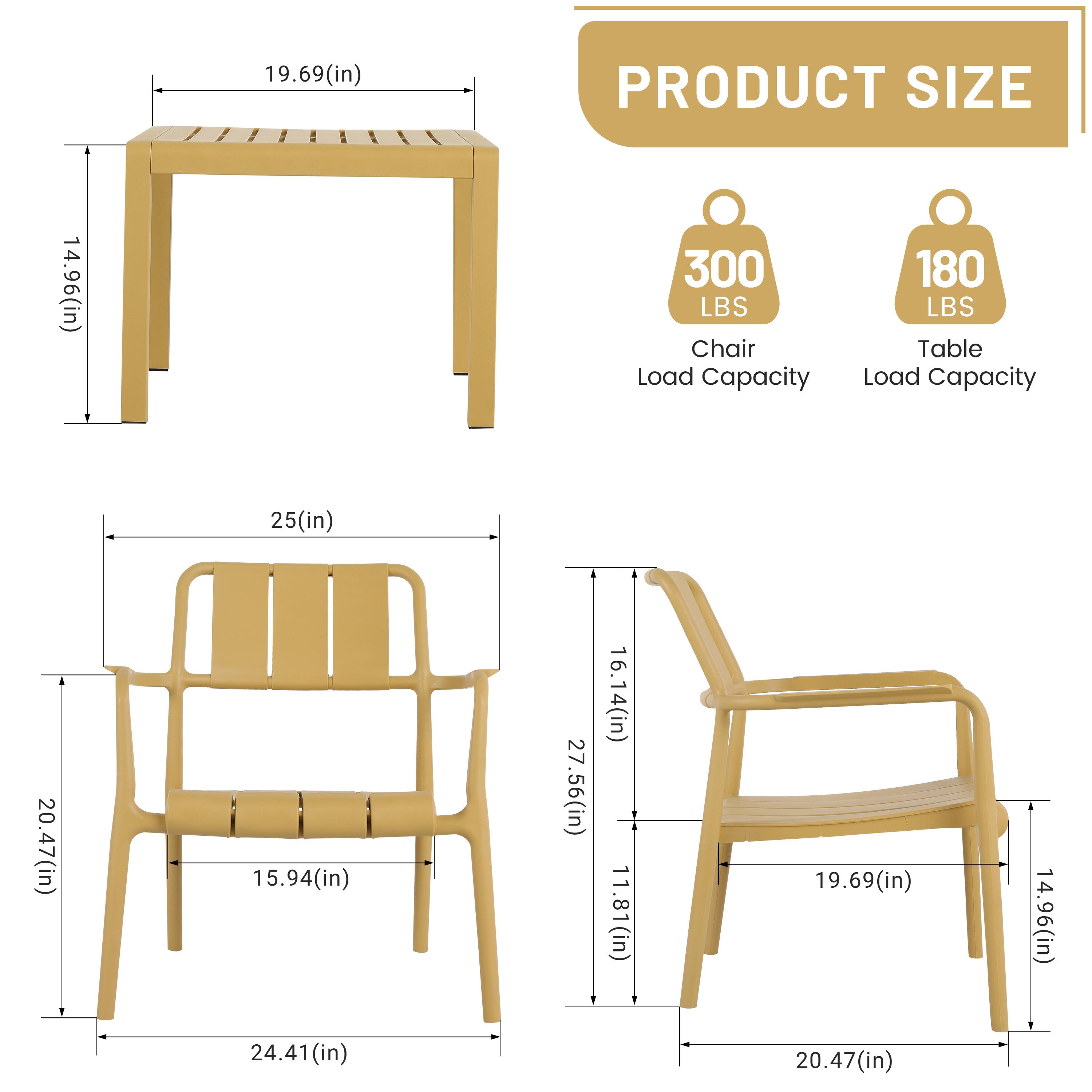 PRODUCT SIZE

- Table: 19.69(in) x 14.96(in) x 25(in)
- Chair: 20.47(in) x 15.94(in) x 24.41(in) x 27.56(in) x 16.14(in) x 11.81(in)

Load Capacity

- Chair: 300 LBS
- Table: 180 LBS