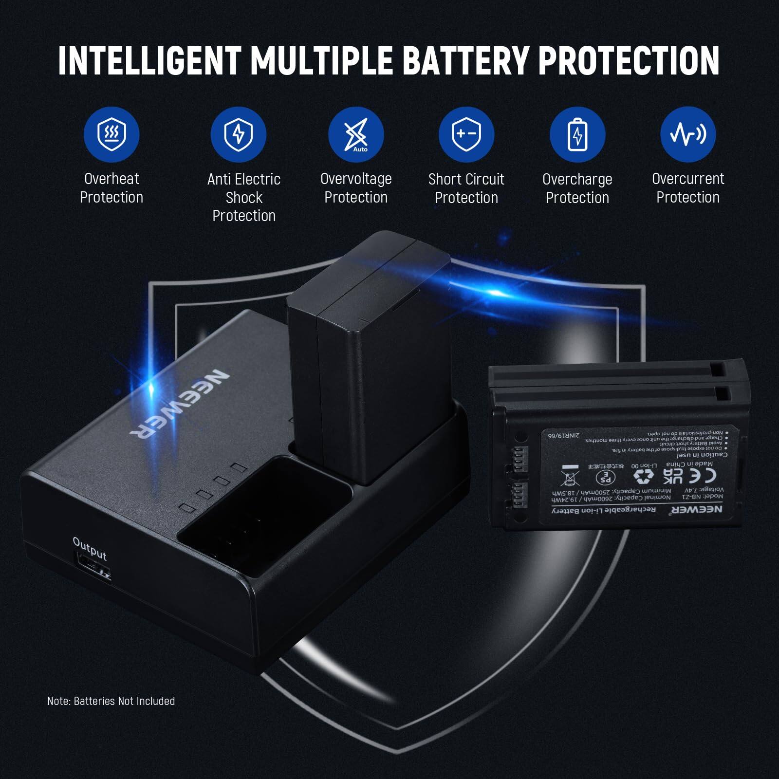 INTELLIGENT MULTIPLE BATTERY PROTECTION

- Overheat Protection
- Anti Electric Shock Protection
- Overvoltage Protection
- Short Circuit Protection
- Overcharge Protection
- Overcurrent Protection

NEEWER

Output

Note: Batteries Not Included

Capacity: 2400mAh 2600mAh

Made in China

NEEWER