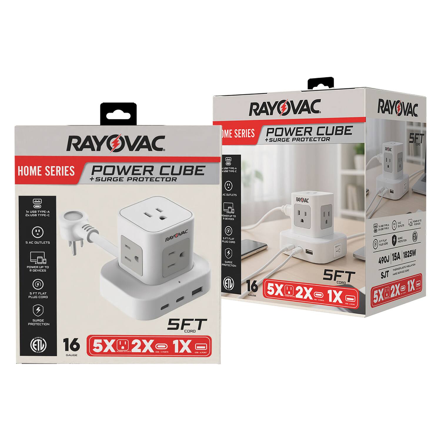 RAYOVAC HOME SERIES POWER CUBE + SURGE PROTECTOR

- 5 AC OUTLETS
- 2 USB TYPE-A
- 2 USB TYPE-C
- POWER UP TO 6 DEVICES
- 5 FT FLAT PLUG CORD
- SURGE PROTECTION
- 16 GAUGE
- 5X 2X 1X USB TYPE-A TYPE-C
- 490J SURGE ENERGY ABSORPTION
- 15A 1825W