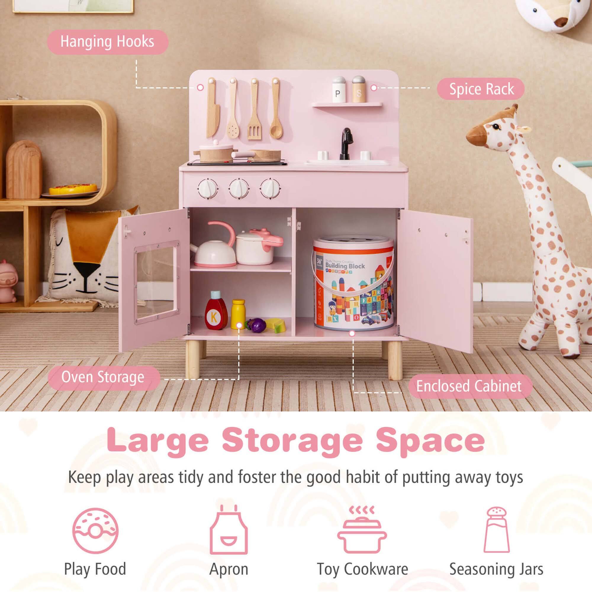 - Hanging Hooks
- Spice Rack
- Oven Storage
- Enclosed Cabinet

Large Storage Space

Keep play areas tidy and foster the good habit of putting away toys

- Play Food
- Apron
- Toy Cookware
- Seasoning Jars