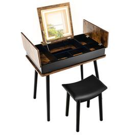 WELLFOR - Flip‑Top Makeup Vanity Table Set with 3‑Color LED Lighted Mirror, USB Charging Port and PU Padded Stool for Bedroom - Brown