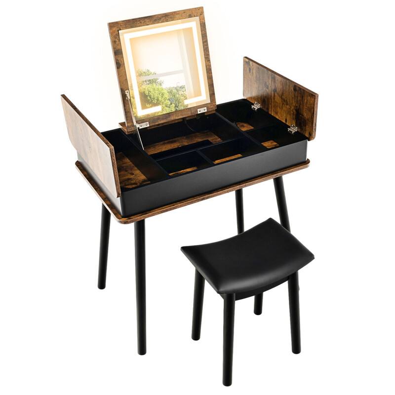 Front. WELLFOR - Flip‑Top Makeup Vanity Table Set with 3‑Color LED Lighted Mirror, USB Charging Port and PU Padded Stool for Bedroom - Brown.