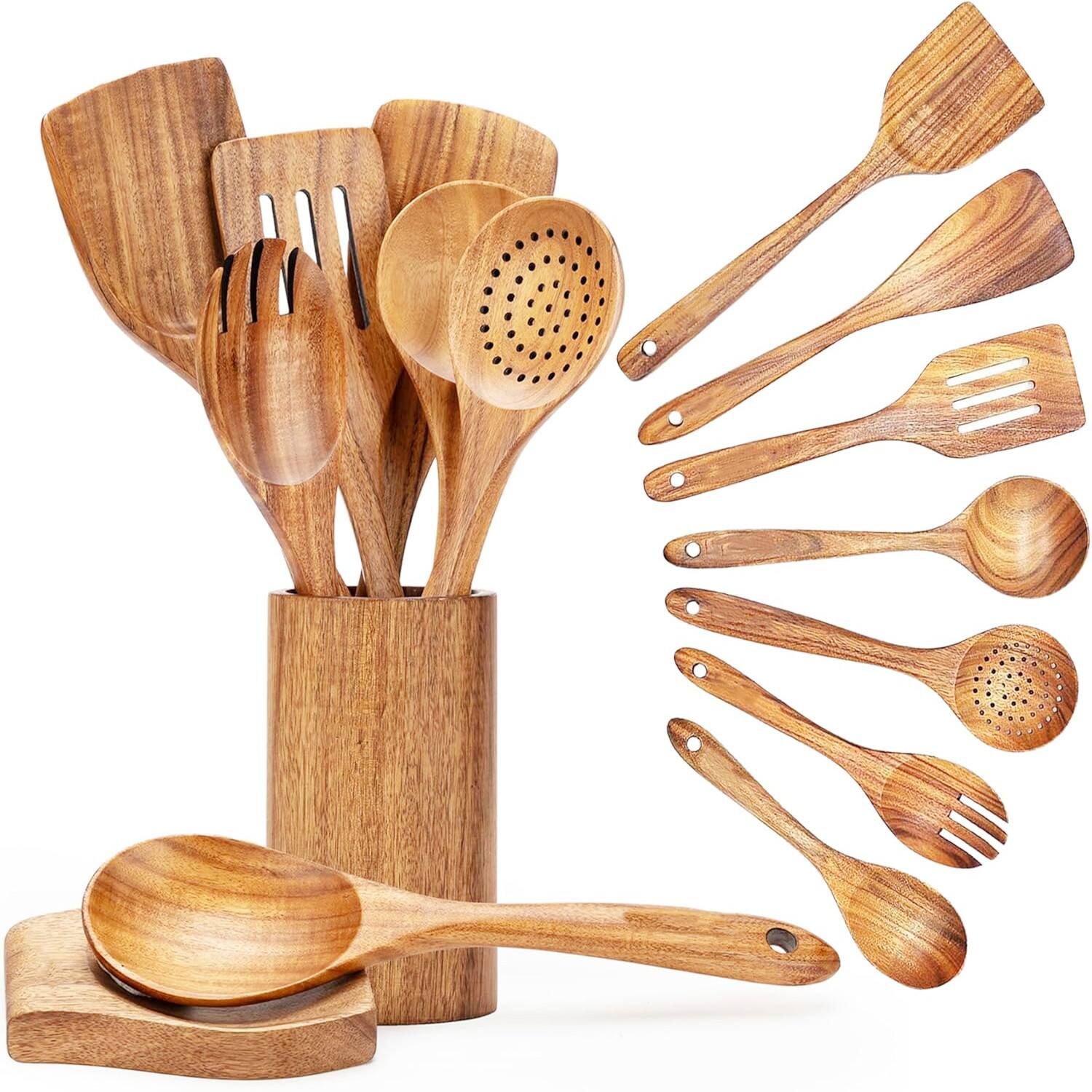 Front. Giantpower - Natural Teak Non-Stick Wooden Spoons & Kitchen Utensils set of 9 - Brown.