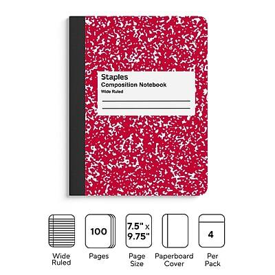 Staples Composition Notebook  
Wide Ruled  

100 Pages  
7.5" x 9.75" Page Size  
Paperboard Cover  
4 Per Pack