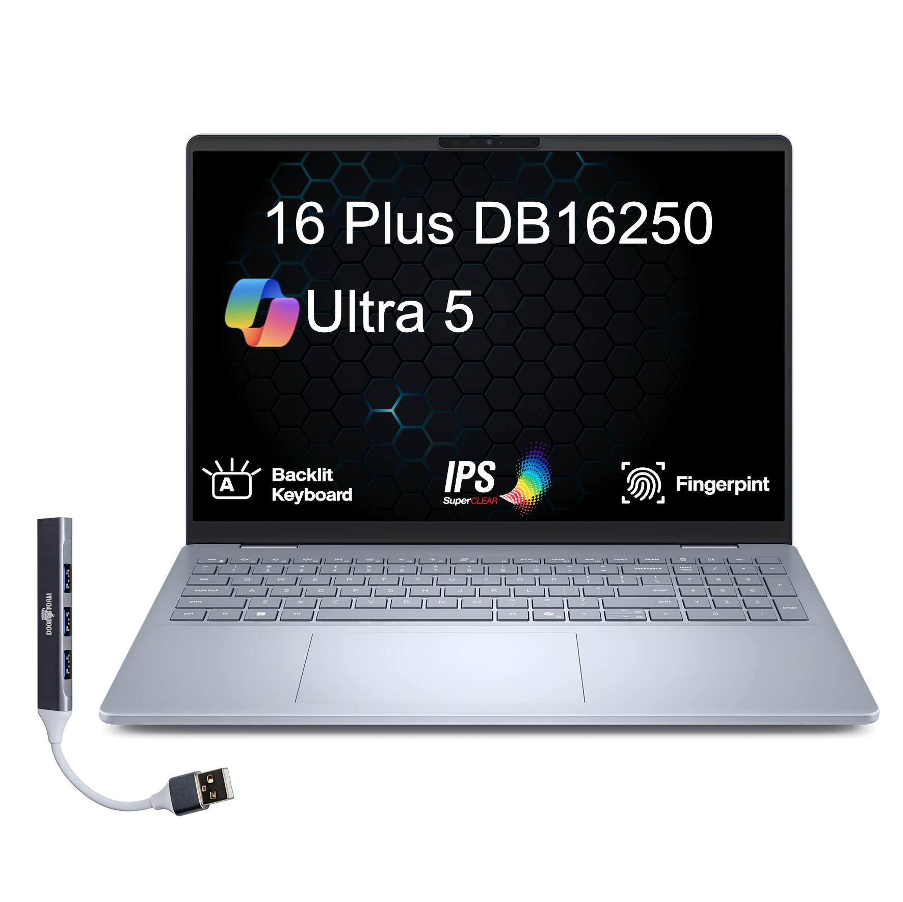 Dell - 16 Plus DB16250 Laptop 16.0 WQXGA Display (Ultra 5-226v, 16GB, 512GB SSD, Intel Arc, Win 11 Home) w/USB Hub - Ice Blue