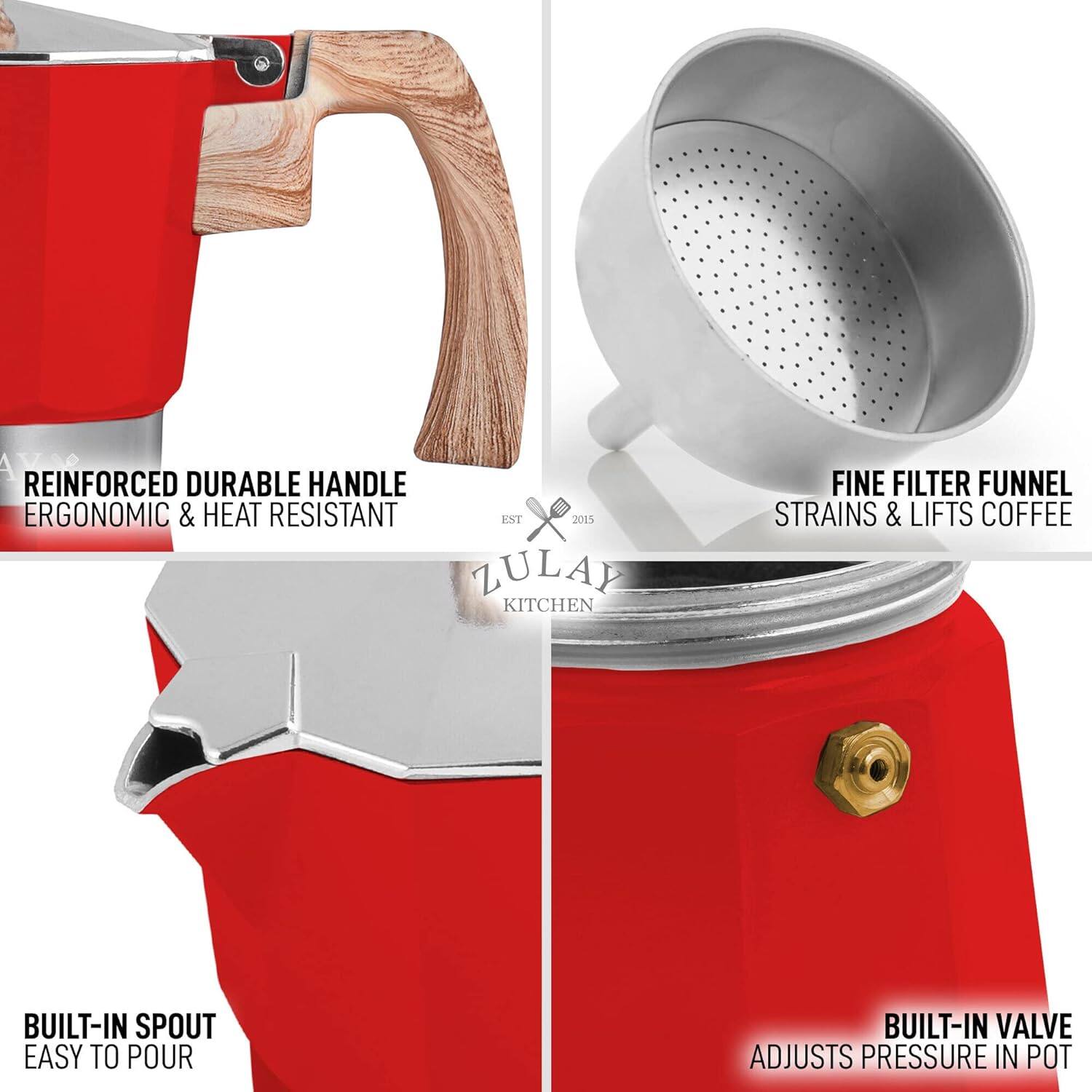- REINFORCED DURABLE HANDLE  
  ERGONOMIC & HEAT RESISTANT

- FINE FILTER FUNNEL  
  STRAINS & LIFTS COFFEE

- BUILT-IN SPOUT  
  EASY TO POUR

- BUILT-IN VALVE  
  ADJUSTS PRESSURE IN POT

- EST 2015  
  ZULAP KITCHEN