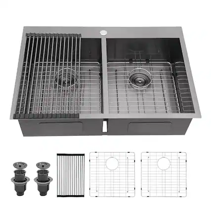 Front. Lordear - 33"x22"x9" Gunmetal Black Double Bowl Drop in Kitchen Sink 16 Gauge with Two 10" Deep Basin - Stainless steel.