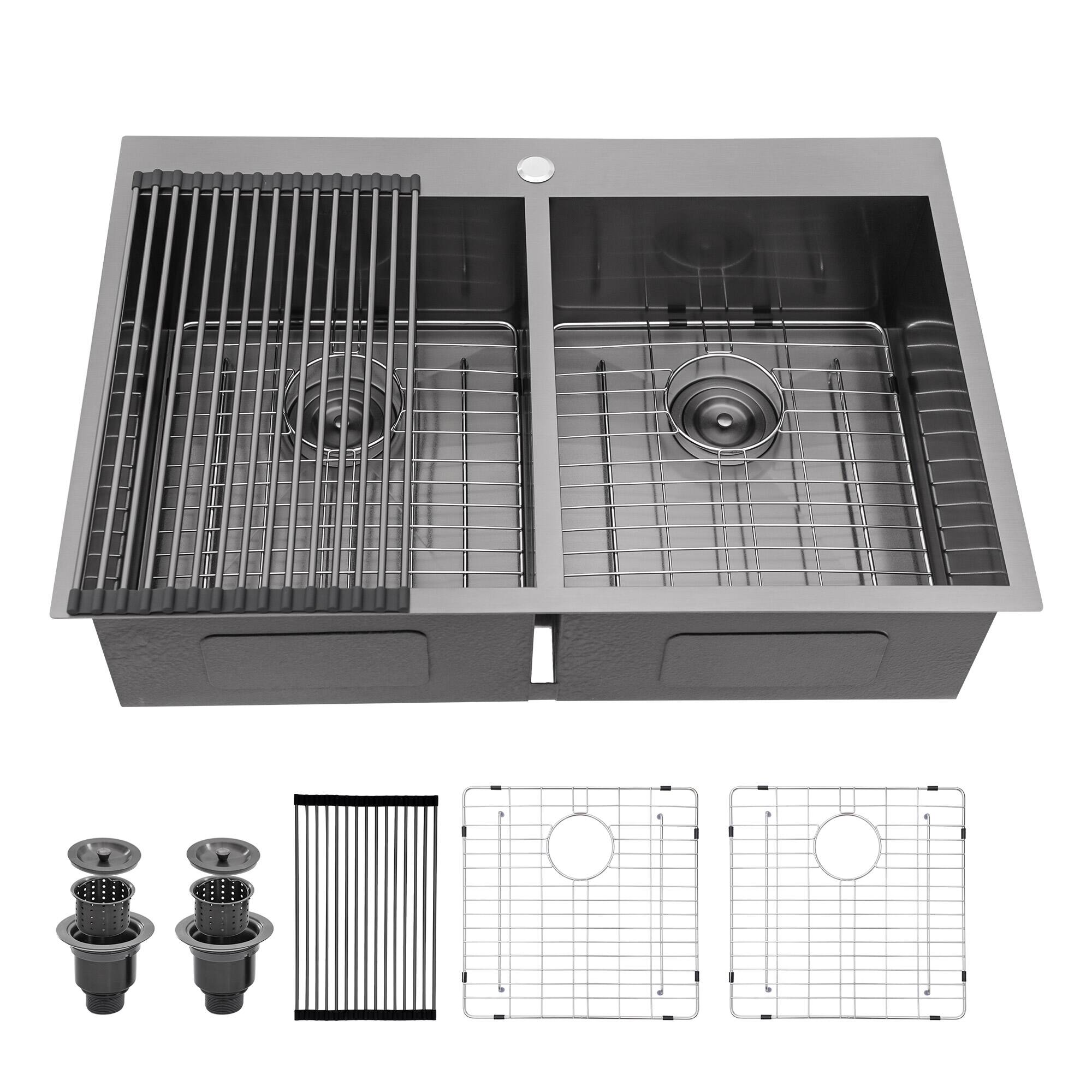 Front. Lordear - 33"x22"x9" Gunmetal Black Double Bowl Drop in Kitchen Sink 16 Gauge with Two 10" Deep Basin - Stainless steel.