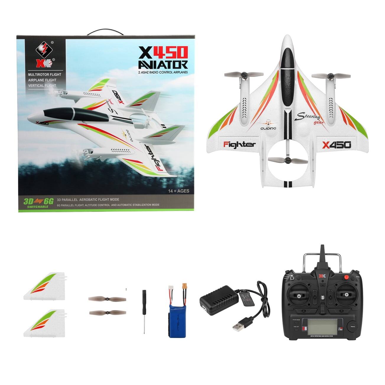 X450 Aviator  
2.4GHz Radio Control Airplanes  

Features:  
- Multicopter Flight  
- Airplane Flight  
- Vertical Flight  

3D & 6G  
6G Parallel Aerobatic Flight Mode  
Switchable  
6G Parallel Flight, Altitude Control, and Automatic Stabilization Mode  

14+ Ages  

Included:  
- X450 Aviator  
- Propellers  
- Battery  
- Charger  
- Remote Control