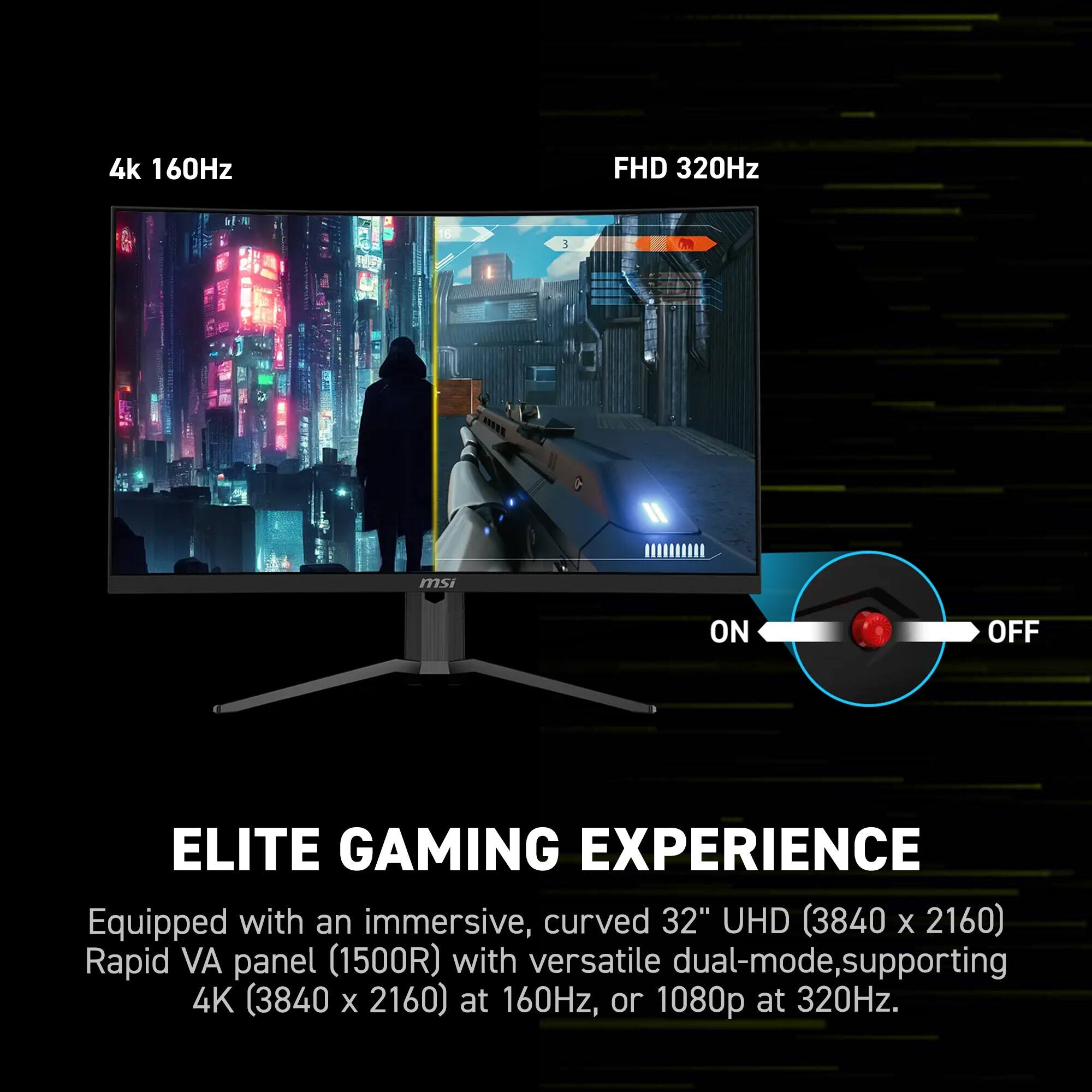 The text on the image is grouped and corrected as follows:

Elite Gaming Experience: Equipped with an immersive, curved 32" UHD (3840 x 2160) Rapid VA panel (1500R) with versatile dual-mode, supporting 4K (3840 x 2160) at 160Hz, or 1080p at 320Hz.