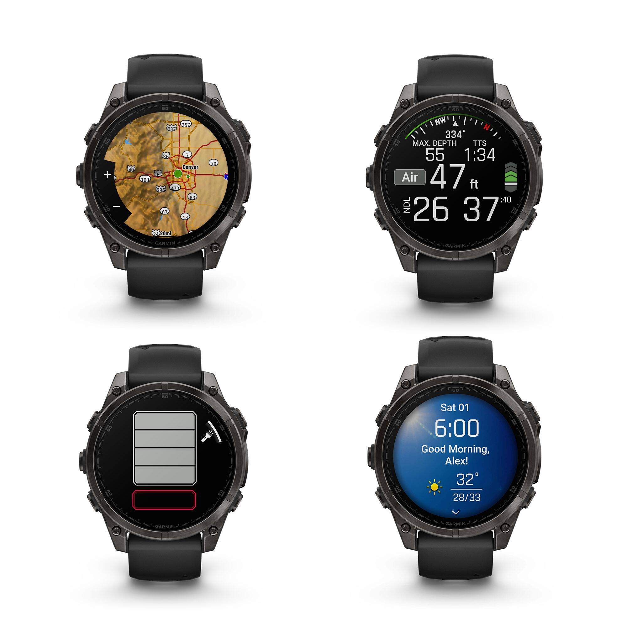 + FO  
CeNse E 112 ST  
1 020ml  
- NW A 334  
MAX DEPTH TTS 55  
1:34  
Air 47 ft :40  
NDL 26 37  
GARSIN GARMIN  
- 18  
Sat 01  
6:00  
Good Morning, Alex!  
32 28/33  
CLAMEN -  
GARMIN