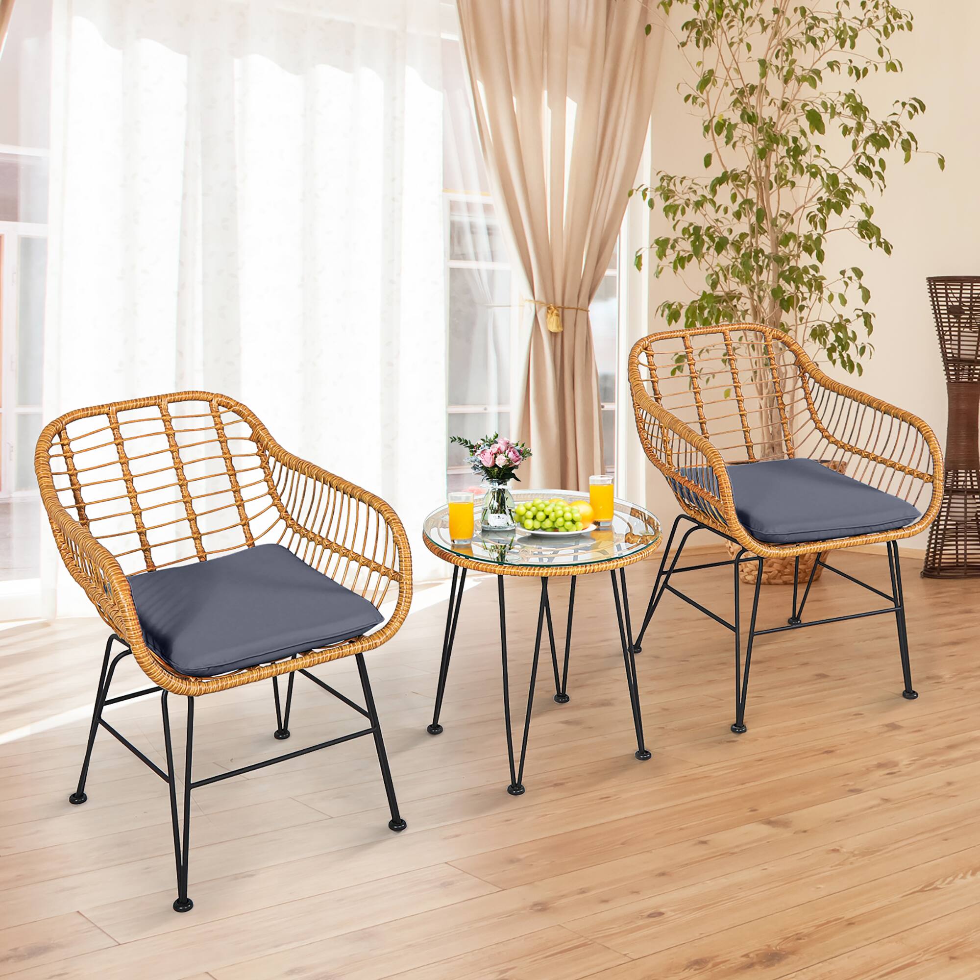 Alt View 4. Costway - Costway 3PCS Patio Rattan Bistro Furniture Set Cushioned Chair Table - Gray.