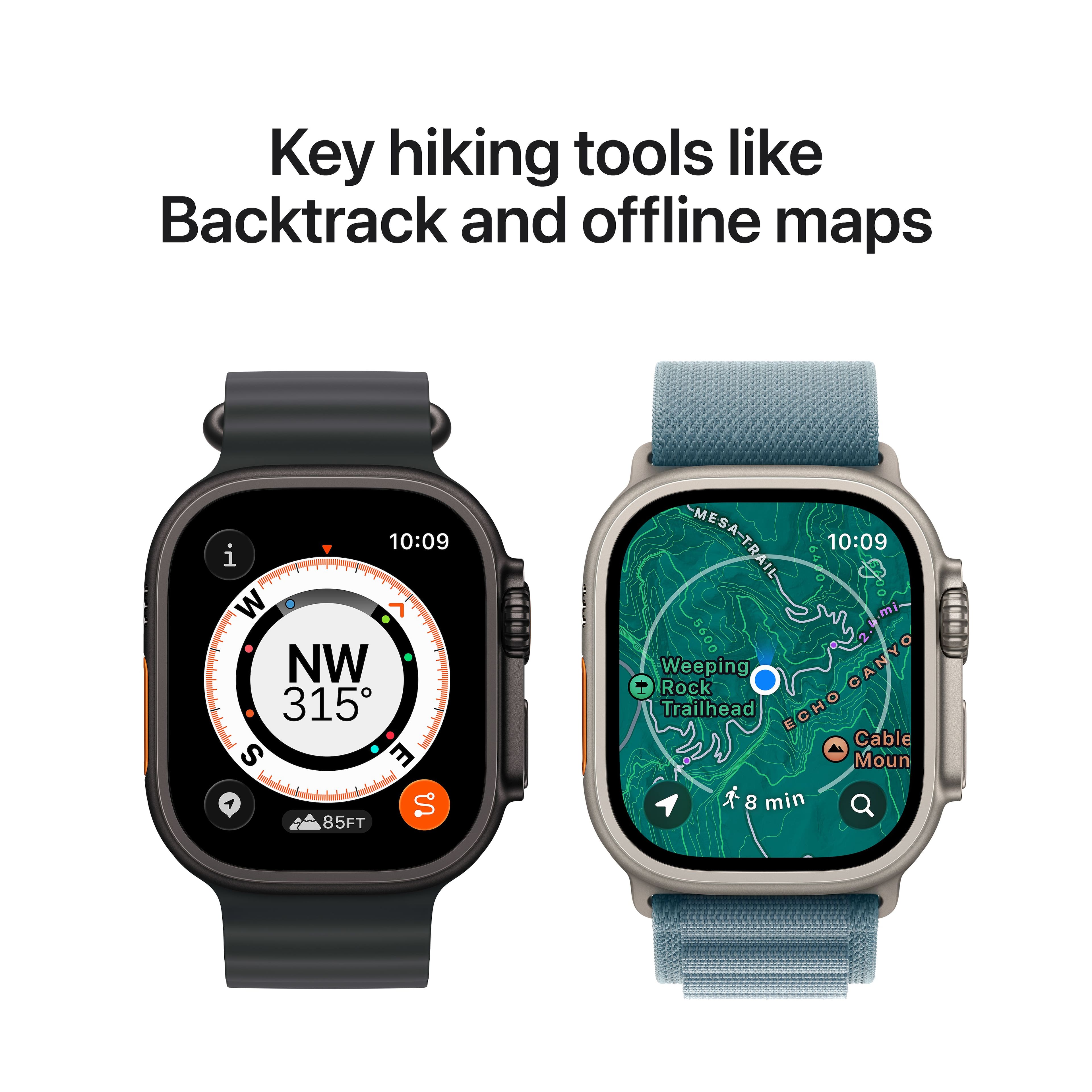 Key hiking tools like Backtrack and offline maps
10:09
NW 315°
85FT
10:09
Weeping Rock Trailhead
EGHO CANYO
Cable Moun
8 min