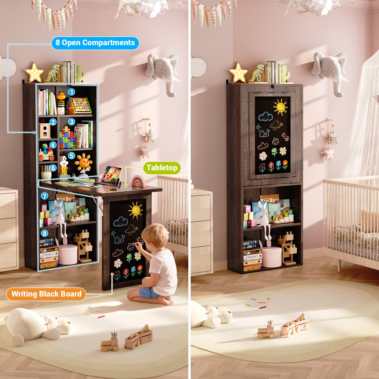 8 Open Compartments  
1 - R  
2 - Pas  
3 - 1 NIU  
4 - 6 M  
5 - Tabletop  
6 - Da  
7 - DEAR mU DE  
8 - P - PALINYT  

Writing Black Board