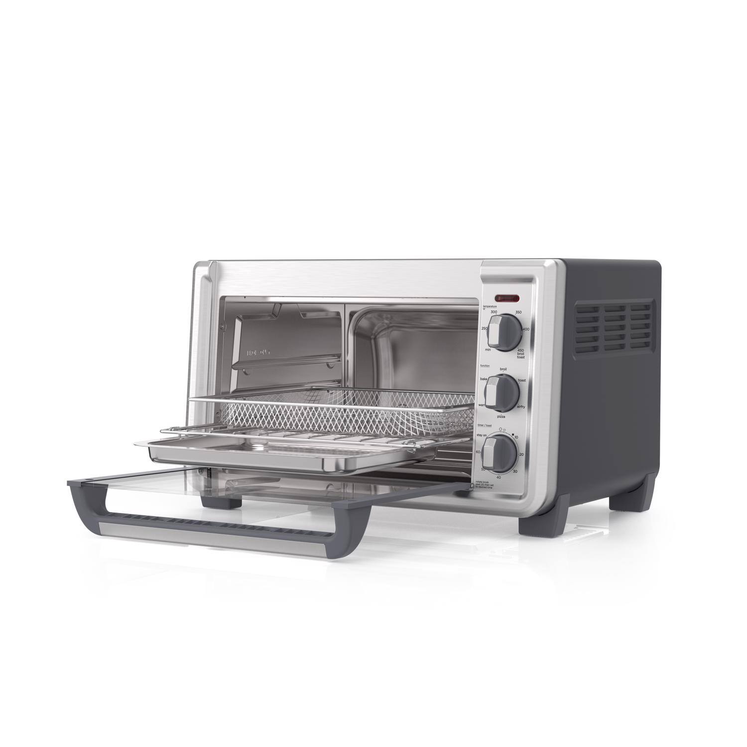 Left. Black+Decker - Black+Decker Stainless Steel Black/Silver 6 slot Toaster Oven w/Air Fry 13 in. H X 15 in. W X 20 in. - Black|Silver.