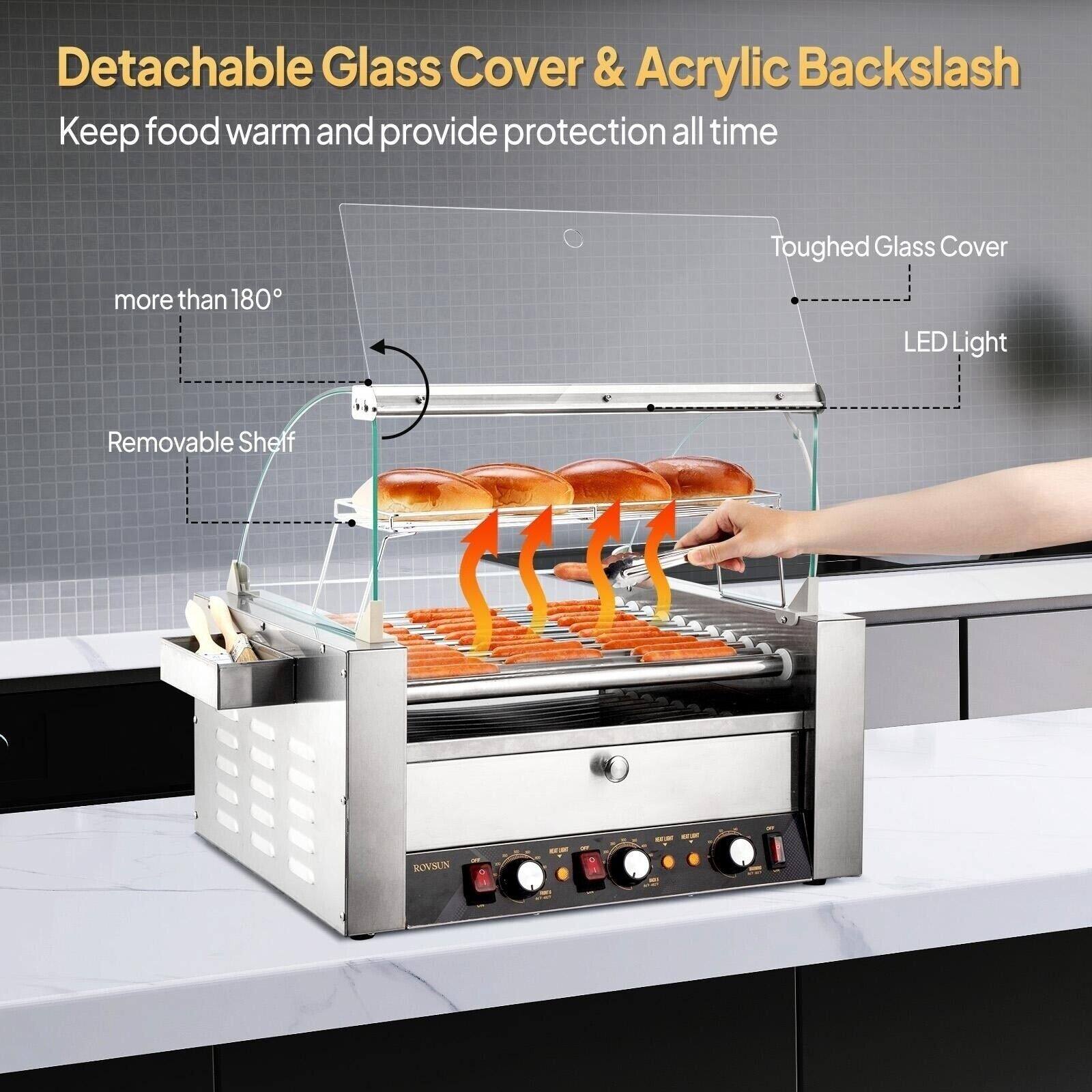 Detachable Glass Cover & Acrylic Backslash  
Keep food warm and provide protection all time  

- Toughed Glass Cover  
- LED Light  
- Removable Shelf  
- more than 180°