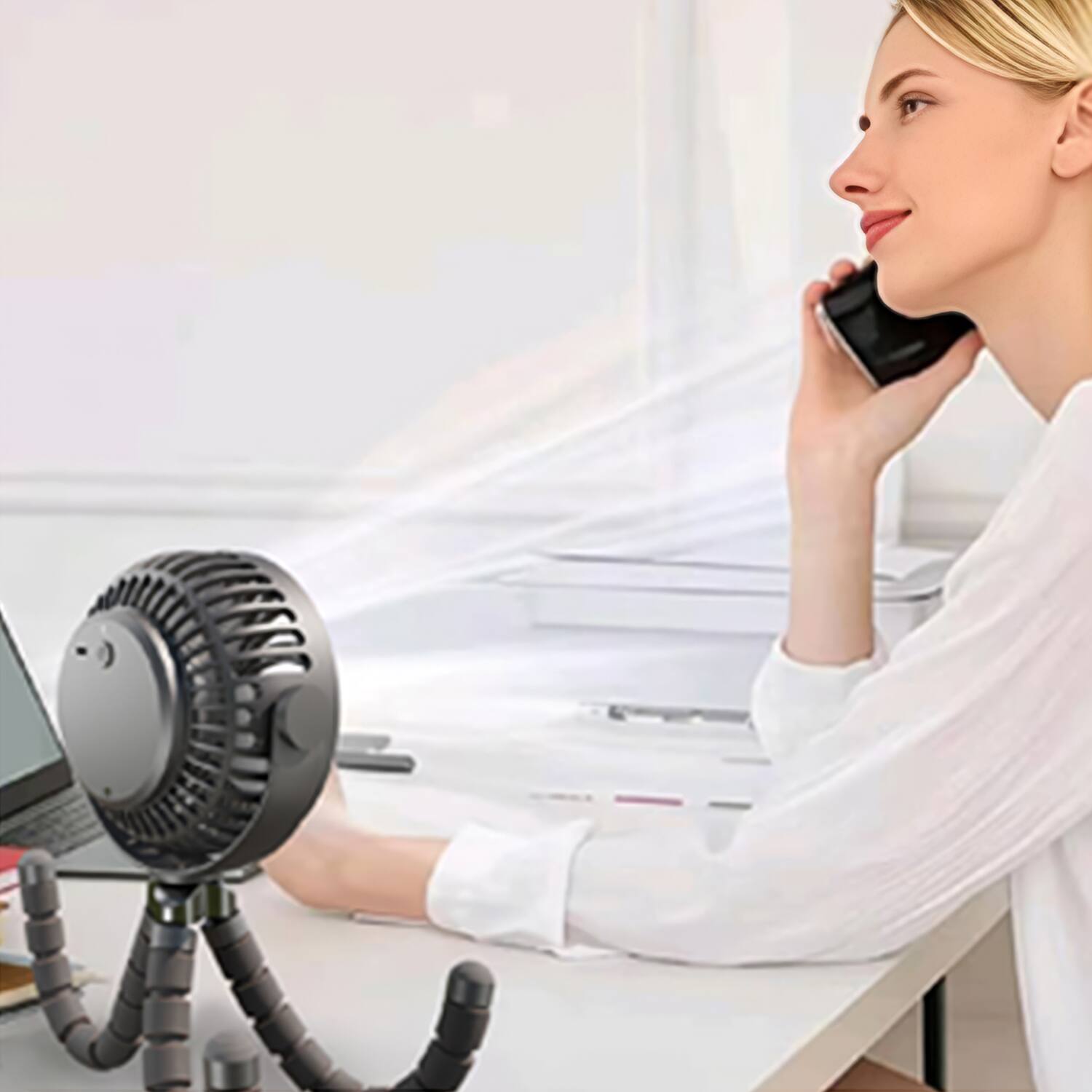 Back. Airbro - 5" Rechargeable Oscillating Fan/Radio Combo, 4 Speeds, 800mAh Battery, 5 Hr Runtime, 360° Air Flow - Black.