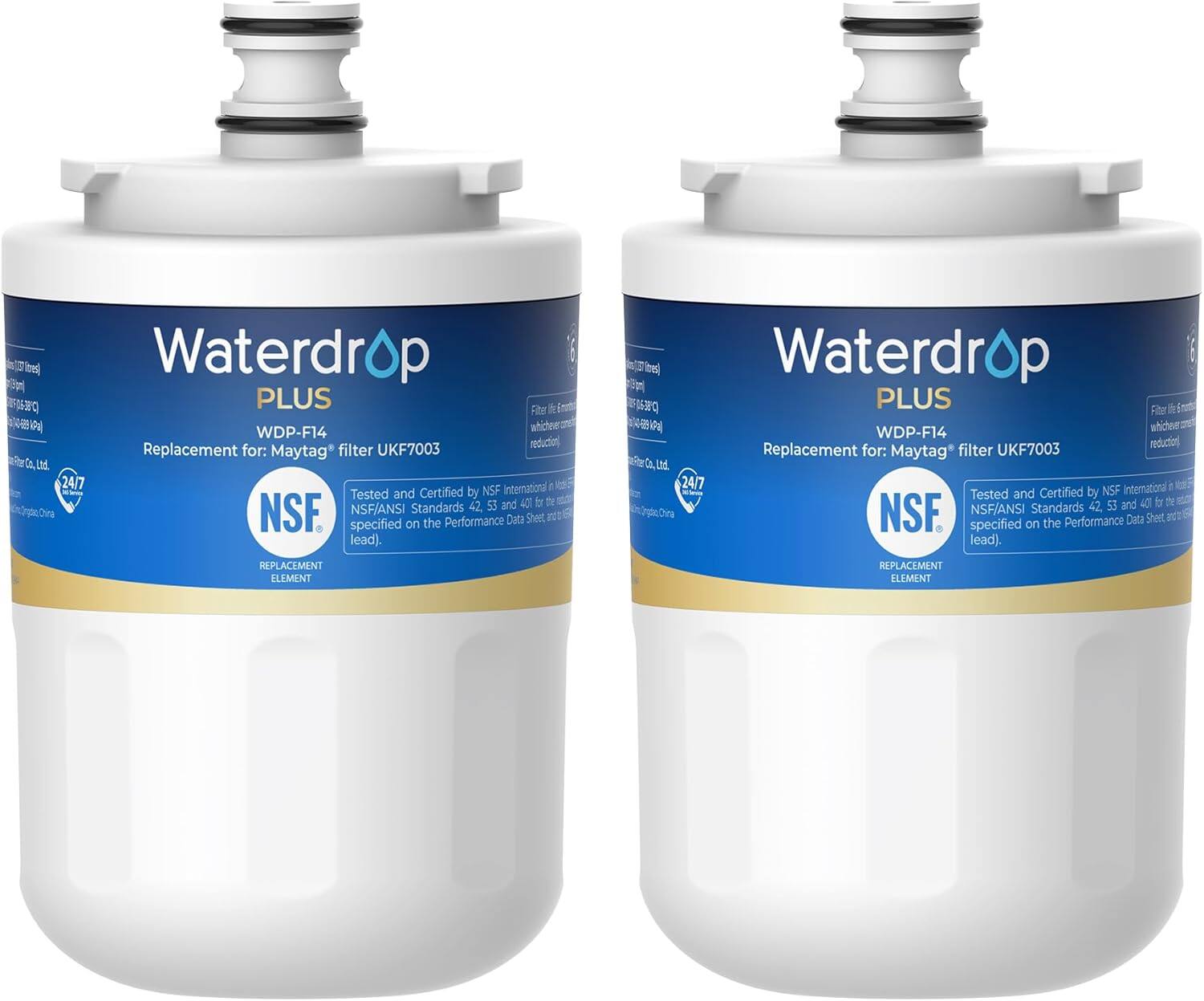 Waterdrop PLUS  
WDP-F14  
Replacement for: Maytag® filter UKF7003  

Tested and Certified by NSF International to NSF/ANSI Standards 42, 53, and 40T for the reduction of lead.  
Specifications on the Performance Data Sheet available at www.wholesomewater.com  

REPLACEMENT ELEMENT