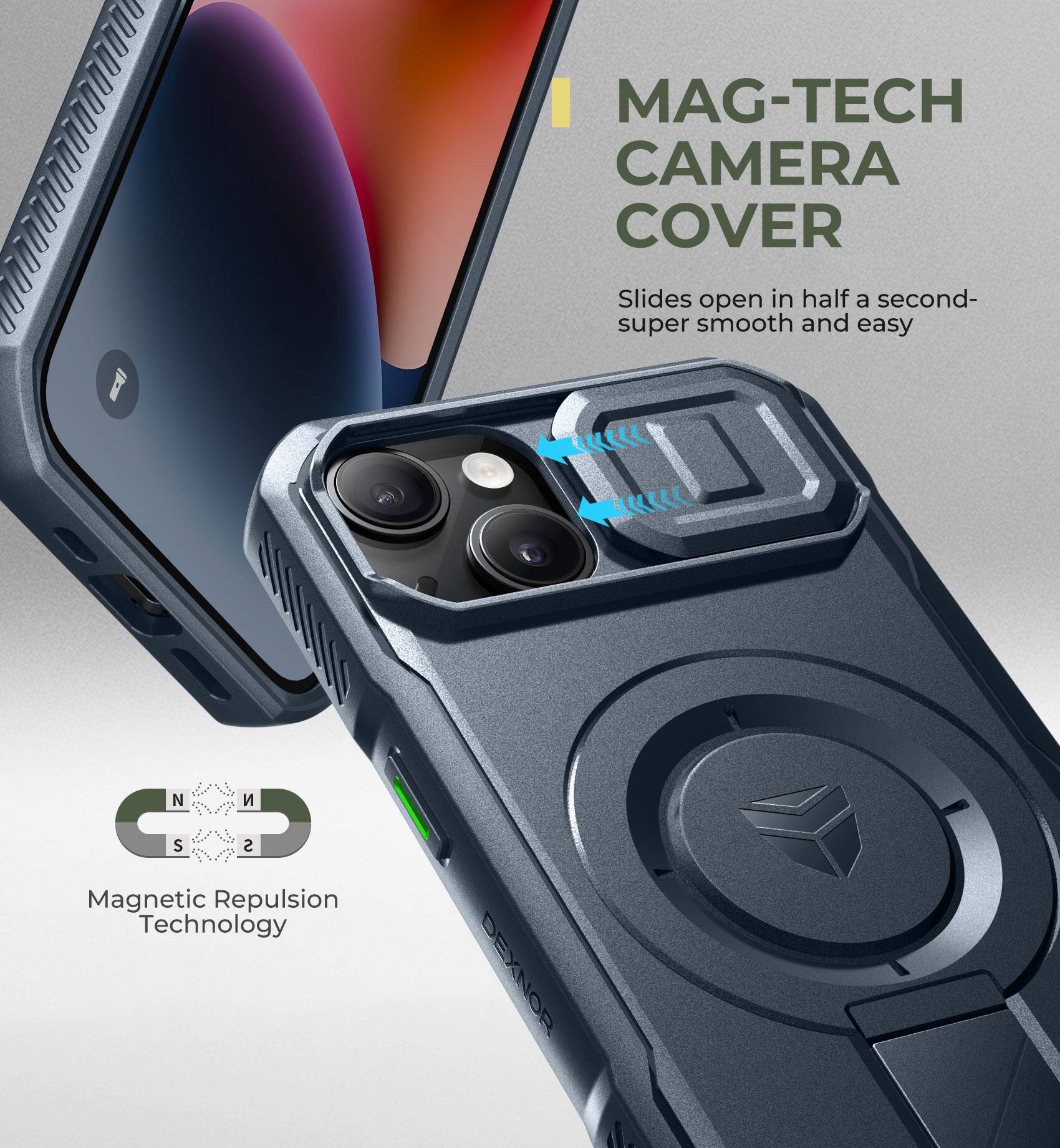 MAG-TECH CAMERA COVER

Slides open in half a second- super smooth and easy

Magnetic Repulsion Technology