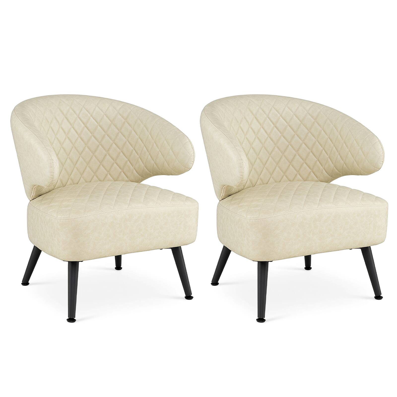 Front. Costway - Costway 2 PCS Modern Accent Chair Comfy PU Leather Upholstered Armchair Robust Metal Legs - Beige+Black.