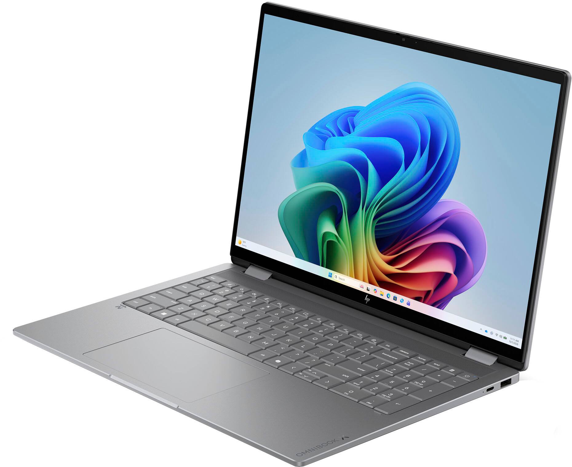 Alt View 3. HP - OmniBook X Flip 2-in-1 - 16" 2K Touchscreen Laptop - AMD Ryzen AI 5 430 (2026) - 16GB Memory - 512GB SSD - Copilot+ PC - Meteor Silver.