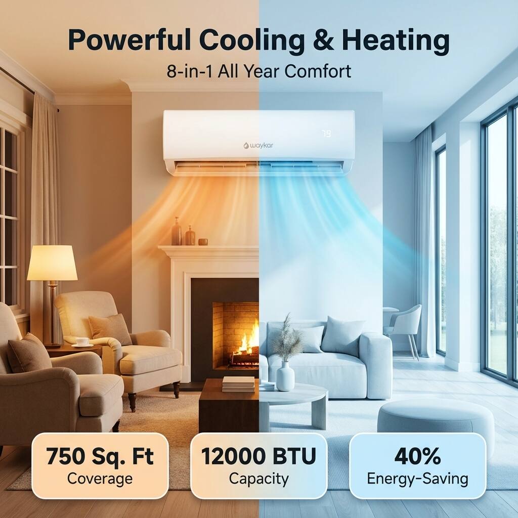 Powerful Cooling & Heating  
8-in-1 All Year Comfort  

Waykar  
19  
750 Sq. Ft Coverage  
12000 BTU Capacity  
40% Energy-Saving