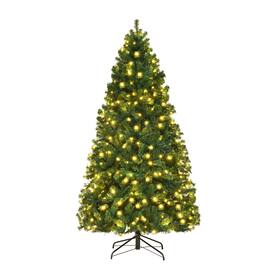 Costway - 7Ft Pre-Lit PVC Hinged Christmas Tree 300 LED Lights - Green