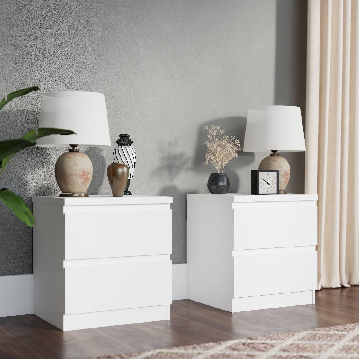 Alt View 8. Loheer - Loheer White Nightstand with 2 Drawers, Handle-Free Design, Compact Bedroom Bedside Table - White.