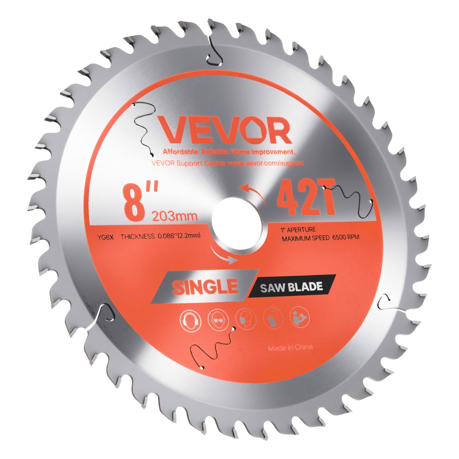 VEVOR  
Affordable. Reliable. Home Improvement.  
VEVOR Support Center www.vevor.com/support  

8" 203mm  
42T  
1 APERIURE  
THICKNESS 0.086" (2.2mm)  
MAXIMUM SPEED 6500 RPM  

SINGLE SAW BLADE  

Made in China